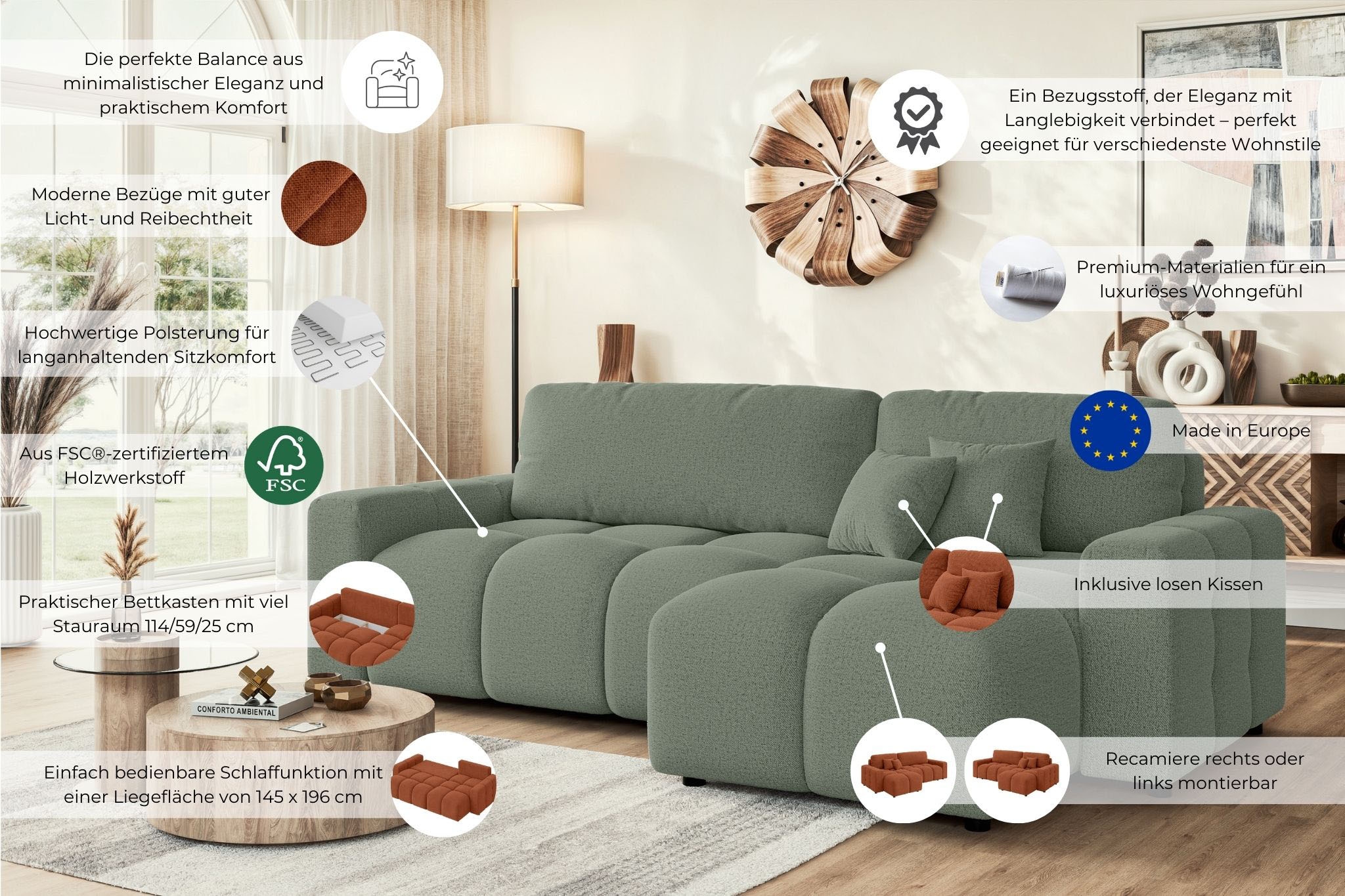 Home affaire Ecksofa »FELICI, Schlafsofa 233cm, L-Form mit Recamiere beidseitig montierbar« Designsofa mit Bettfunktion und Bettkasten, Maße B/T/H: 233/142/88 cm