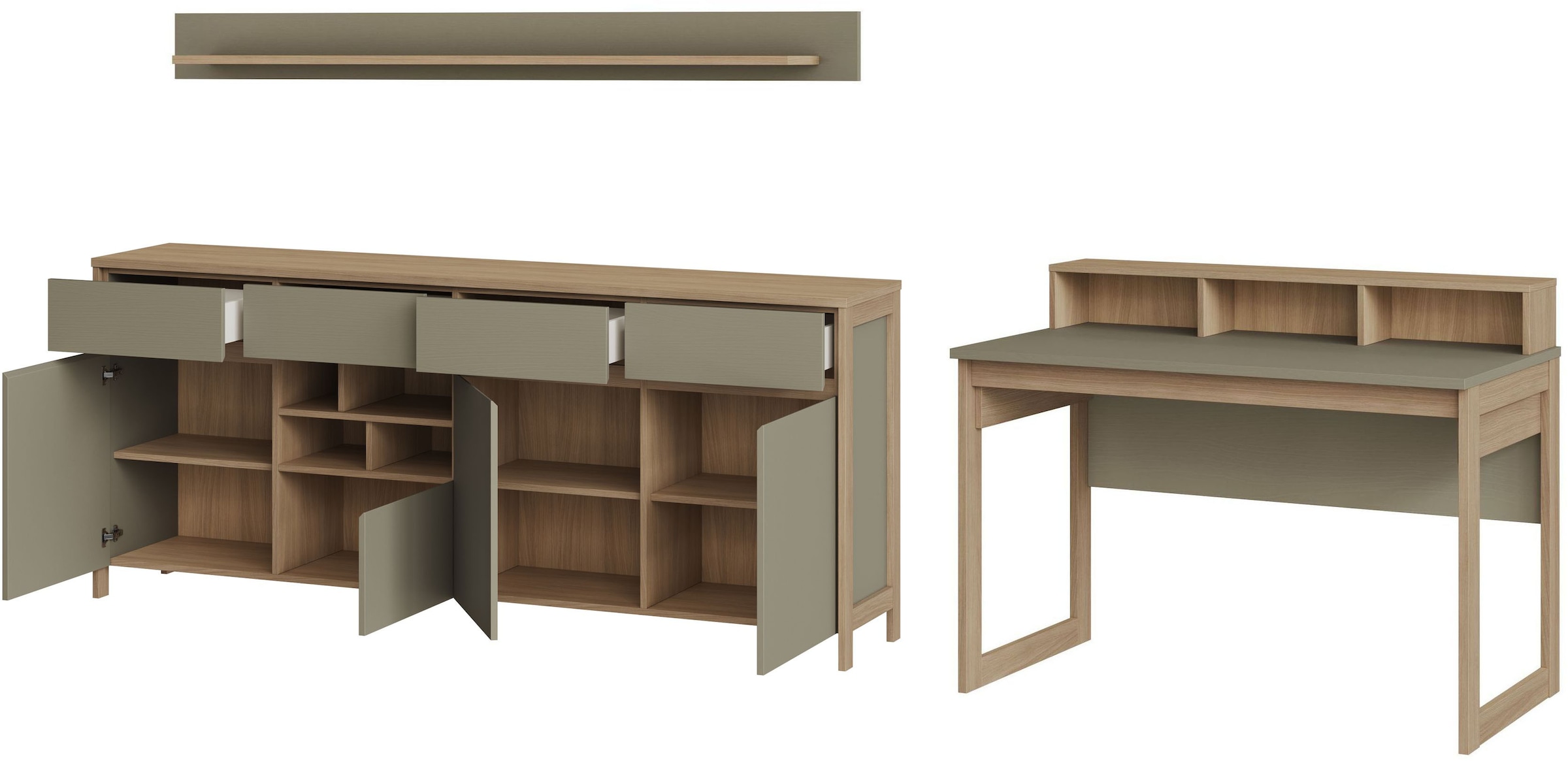 Home affaire Büromöbel-Set »Stranda im Scandi-Style, Home Office, Büro in zwei Farben verfügbar« 3 Stk. tlg. enthält Schreibtisch, Sideboard und Wandboard