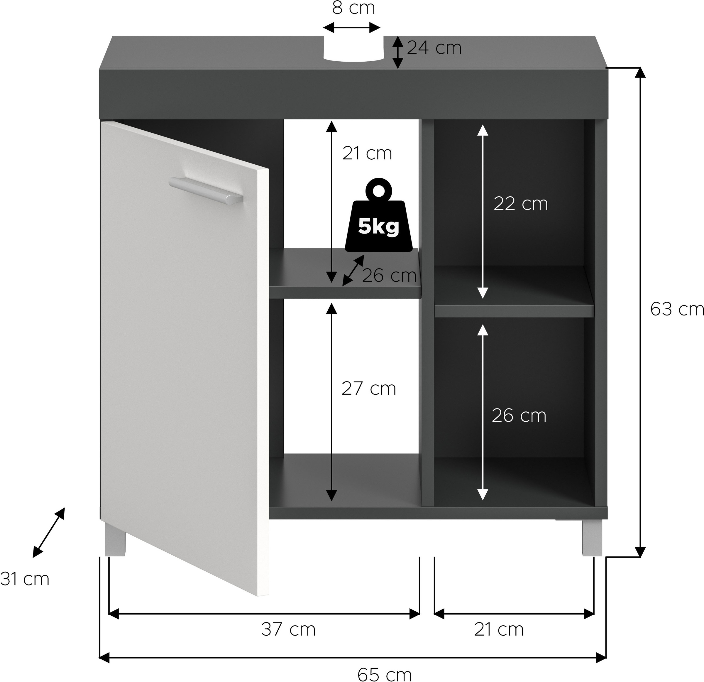welltime Waschbeckenunterschrank »HANO,  Badezimmer, WBU, Waschtisch,  Kommode, Unterschrank« in 2 verschiedenen Farben und 2 verschiedenen Ausstattungen erhältlich,  1 Tür, 2 höhenverstellbare E-Böden, 4 Fächer, mit Siphonausschnitt