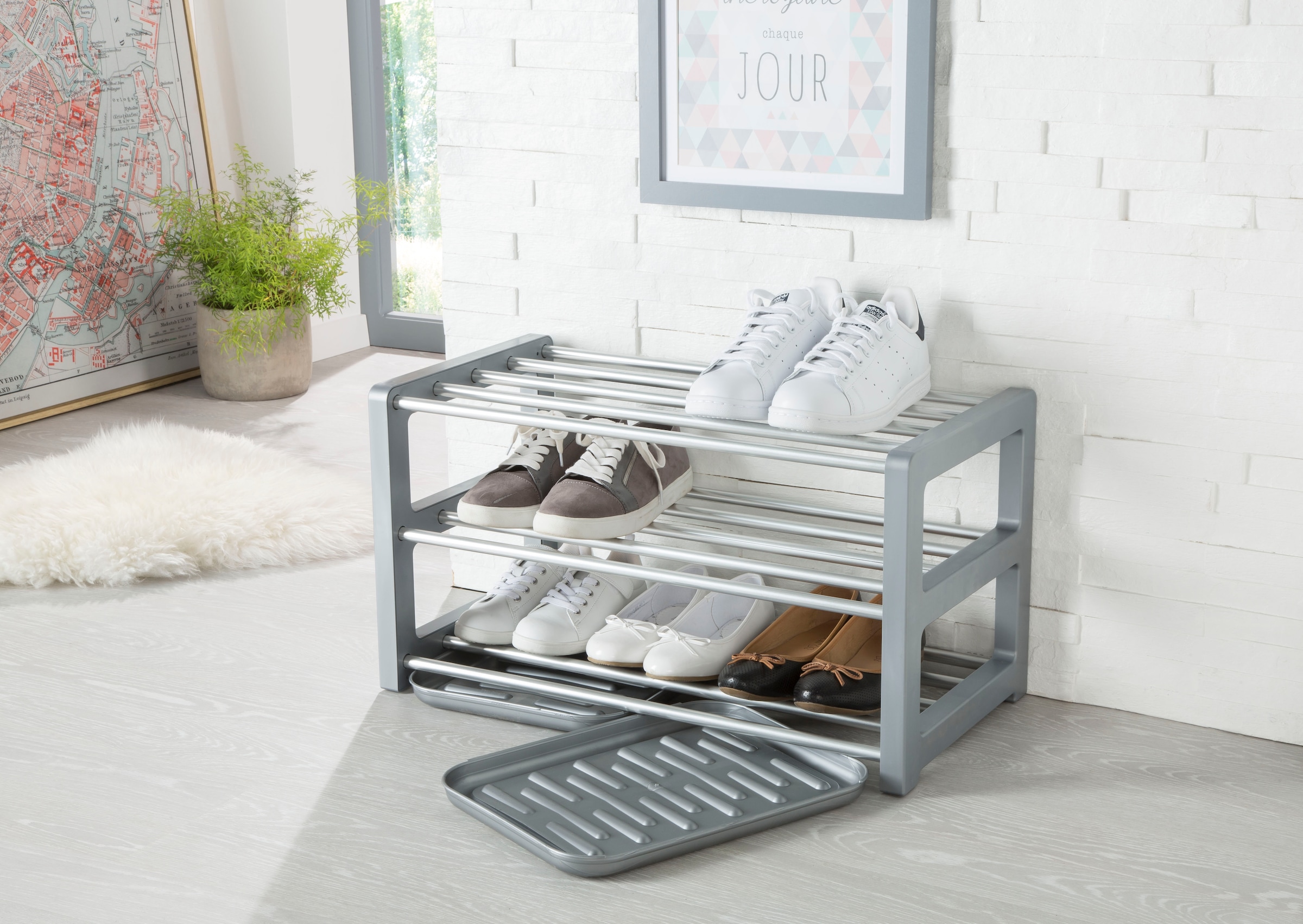 Ruco Schuhregal, mit Schmutzauffangschalen, Aluminium, bis zu 9 Paar Schuhe