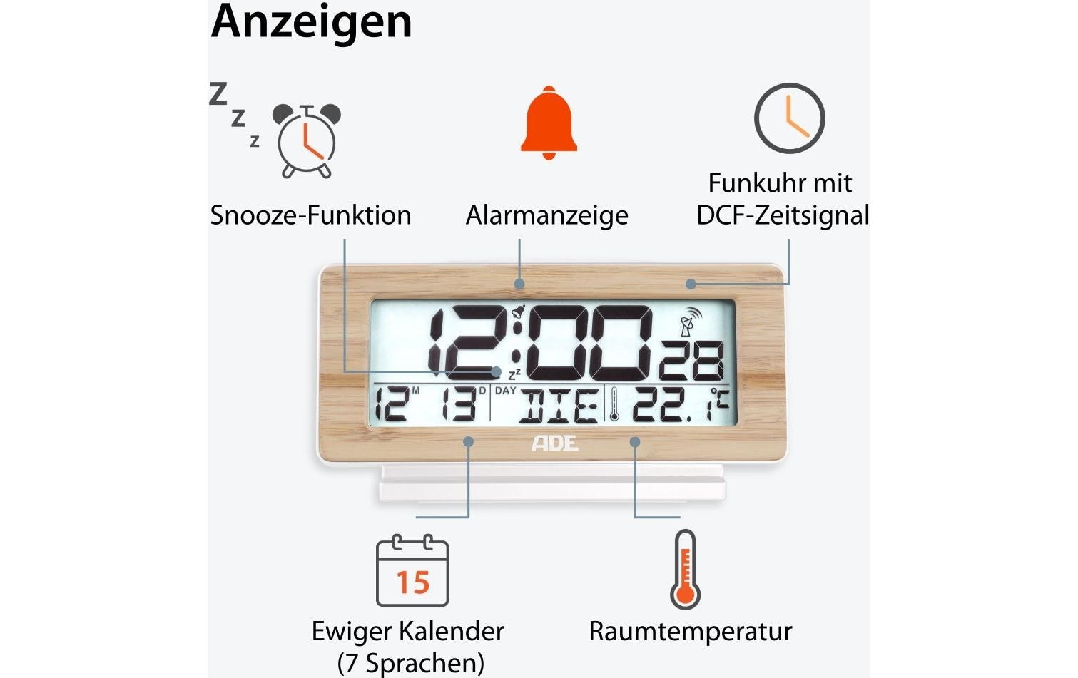 ADE Wecker »Temperatur-& Datumsanzeige«