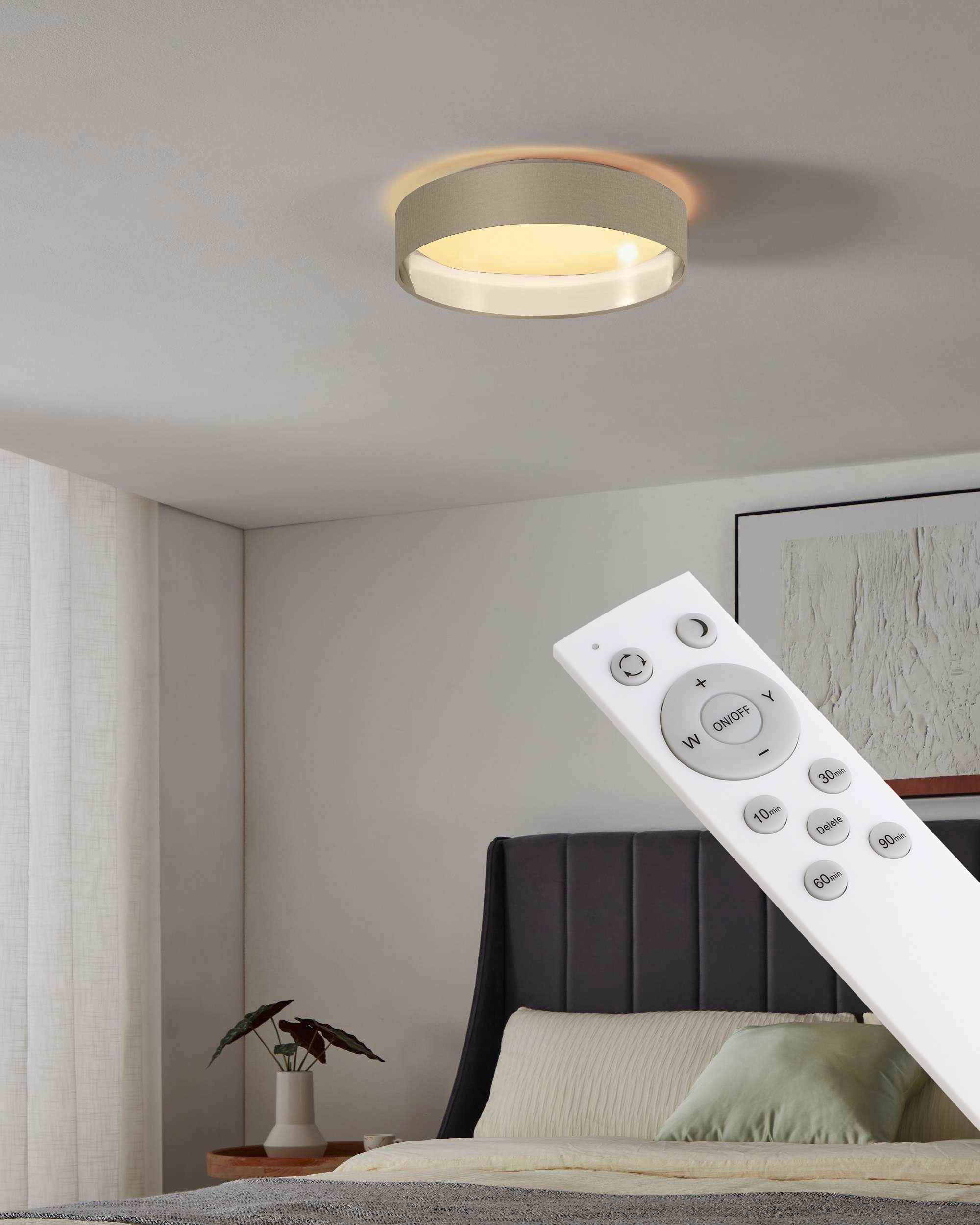 Leonique LED Deckenleuchte »Juria«, 1 flammig, Leuchtmittel LED-Modul | LED fest integriert, Deckenlampe Ø38 x H9 cm mit Textil-/Stoffschirm, CCT, Fernbedienung