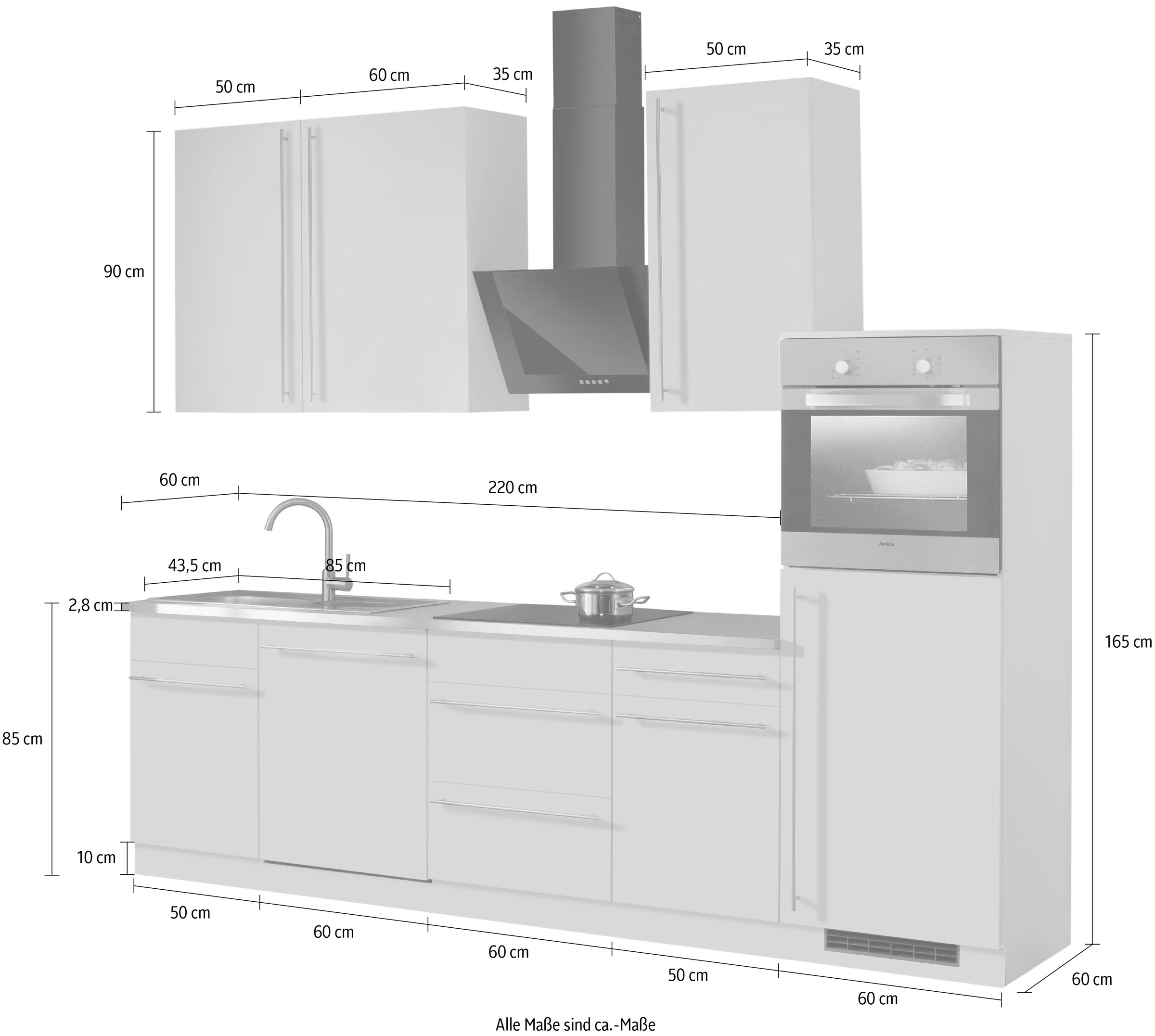 Gesamtbreite Küchenzeile Rechnung E-Geräten, auf »Chicago«, cm Küchen bestellen mit wiho 280