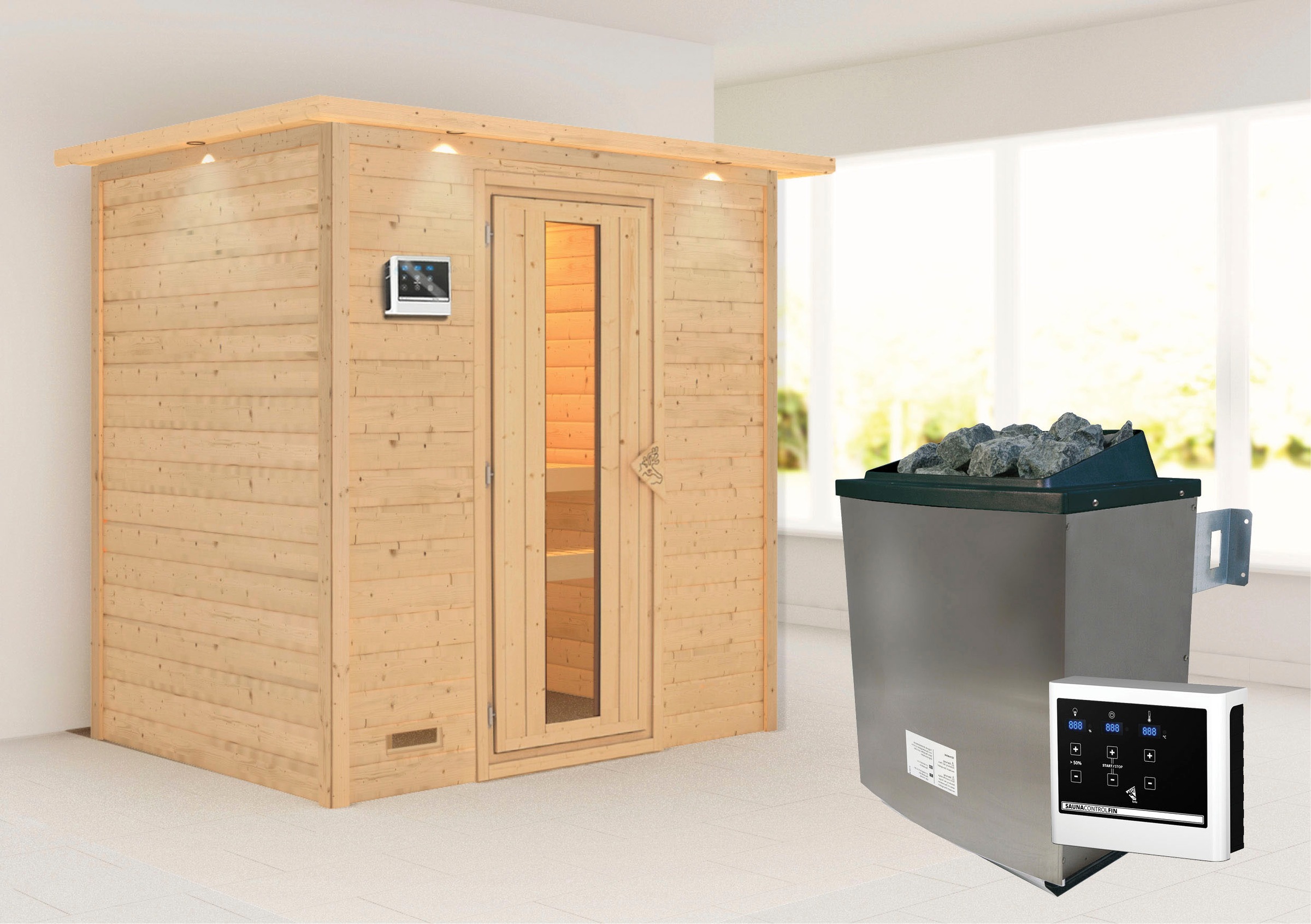 Karibu Sauna »"Sonja" mit Energiespartür und Kranz Ofen 9 KW externe Strg m günstig online kaufen
