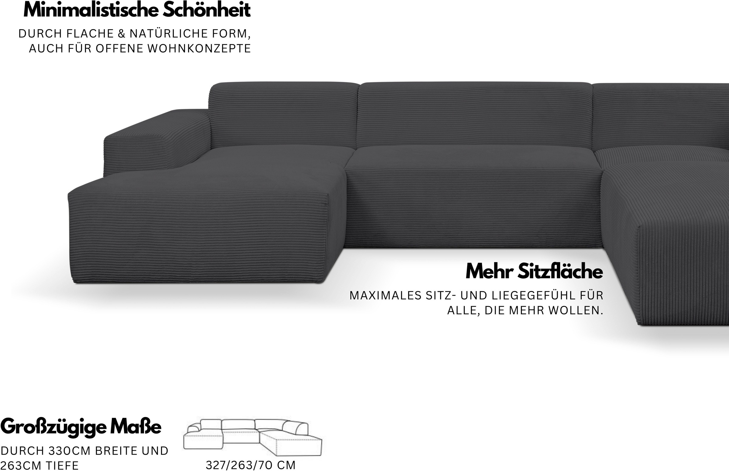 WERK2 Wohnlandschaft »Zeus-U 330 cm breit, viel Platz, modern und zeitlos« Curvy Trend mit urbaner Optik auch in weichem Cord, U-Form