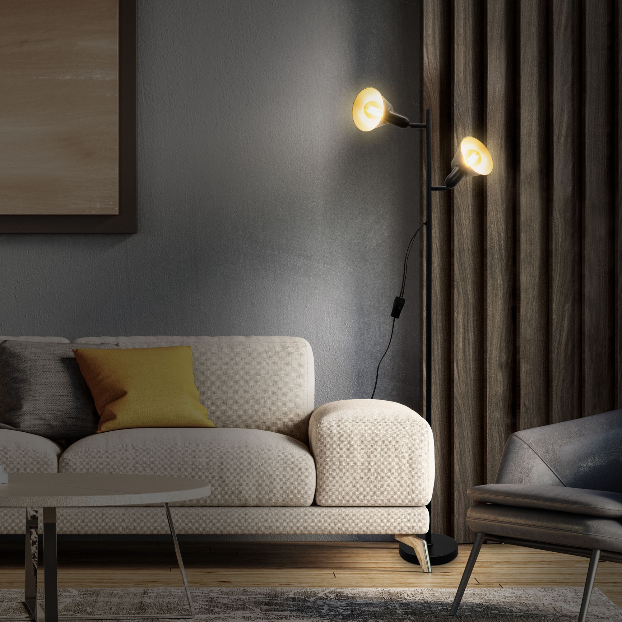 B.K.Licht Stehlampe »Design-Stehlampe, inkl. Doppel-Kippschalter«, 2 flammig, Leuchtmittel E27 | ohne Leuchtmittel, Schwarz, Metall, 2x E27-Fassung, H: 142,5cm