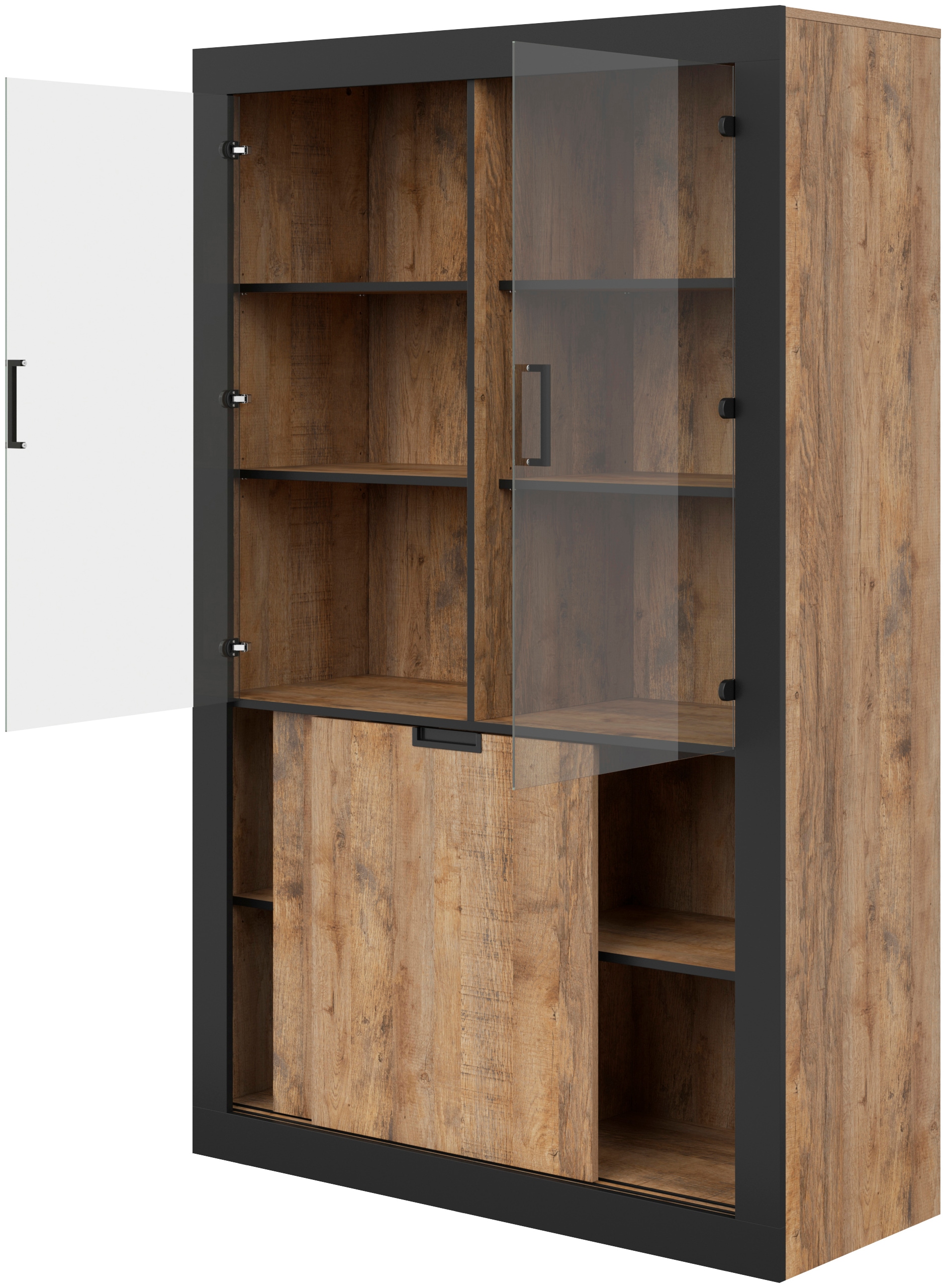 INOSIGN Vitrine »Tudor, Breite 120 cm, moderne Glasvitrine 2x Schiebetüren/2x Glastüren«, Hochschrank im Landhausstil, viel Stauraum, Einlegeböden verstellbar
