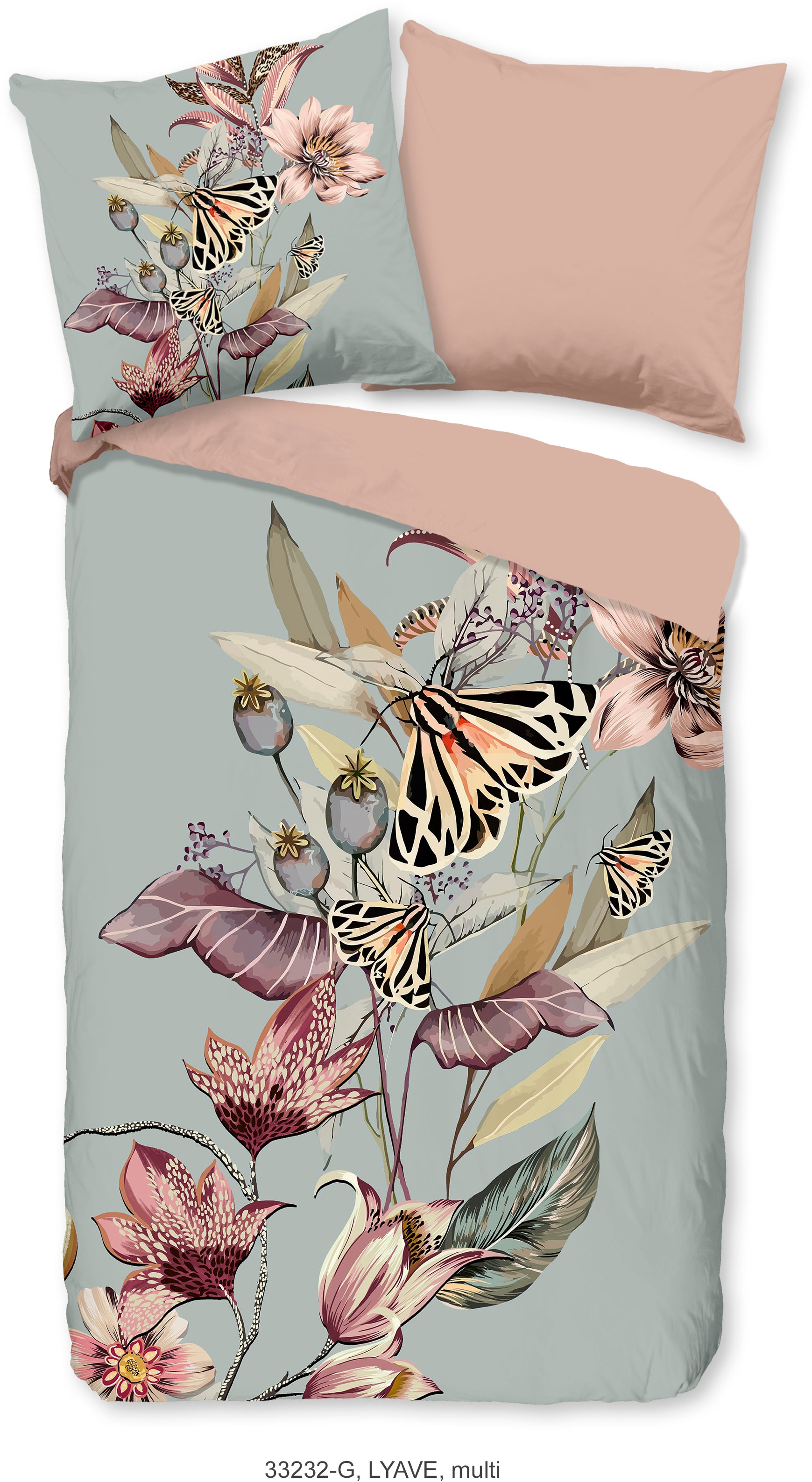 good morning Wendebettwäsche »Lyave«, Baumwolle, Renforcé, Reißverschluss, Wendeoptik, Blumen, Blaugrau Grau