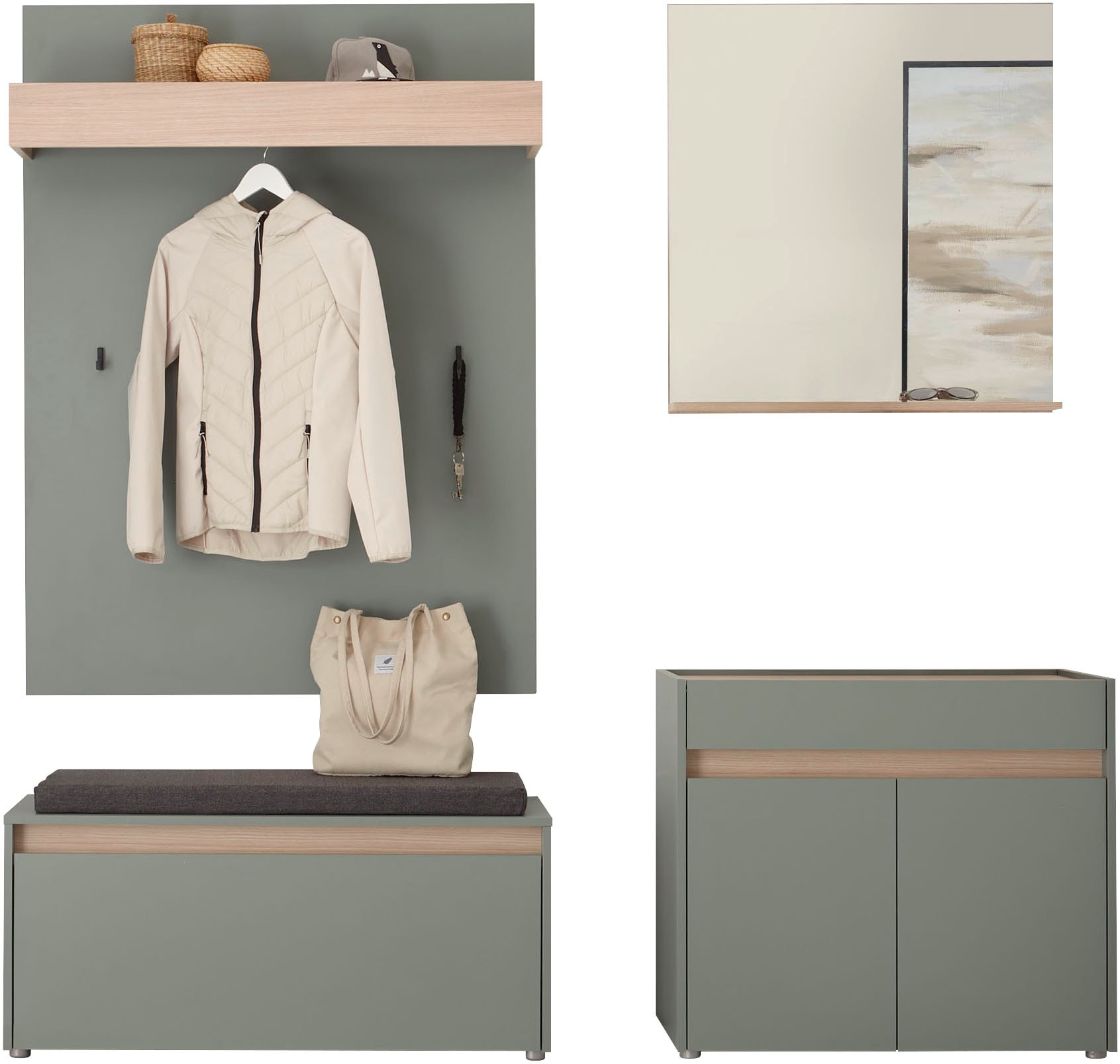 INOSIGN Garderoben-Set »GIRON/CiTY, moderne Garderobe, Komplettset mit viel Stauraum«, (Komplett-Set, 4 St.), enthält Kommode, Spiegel, Paneel & Schuhbank +Sitzkissen, 190 cm breit