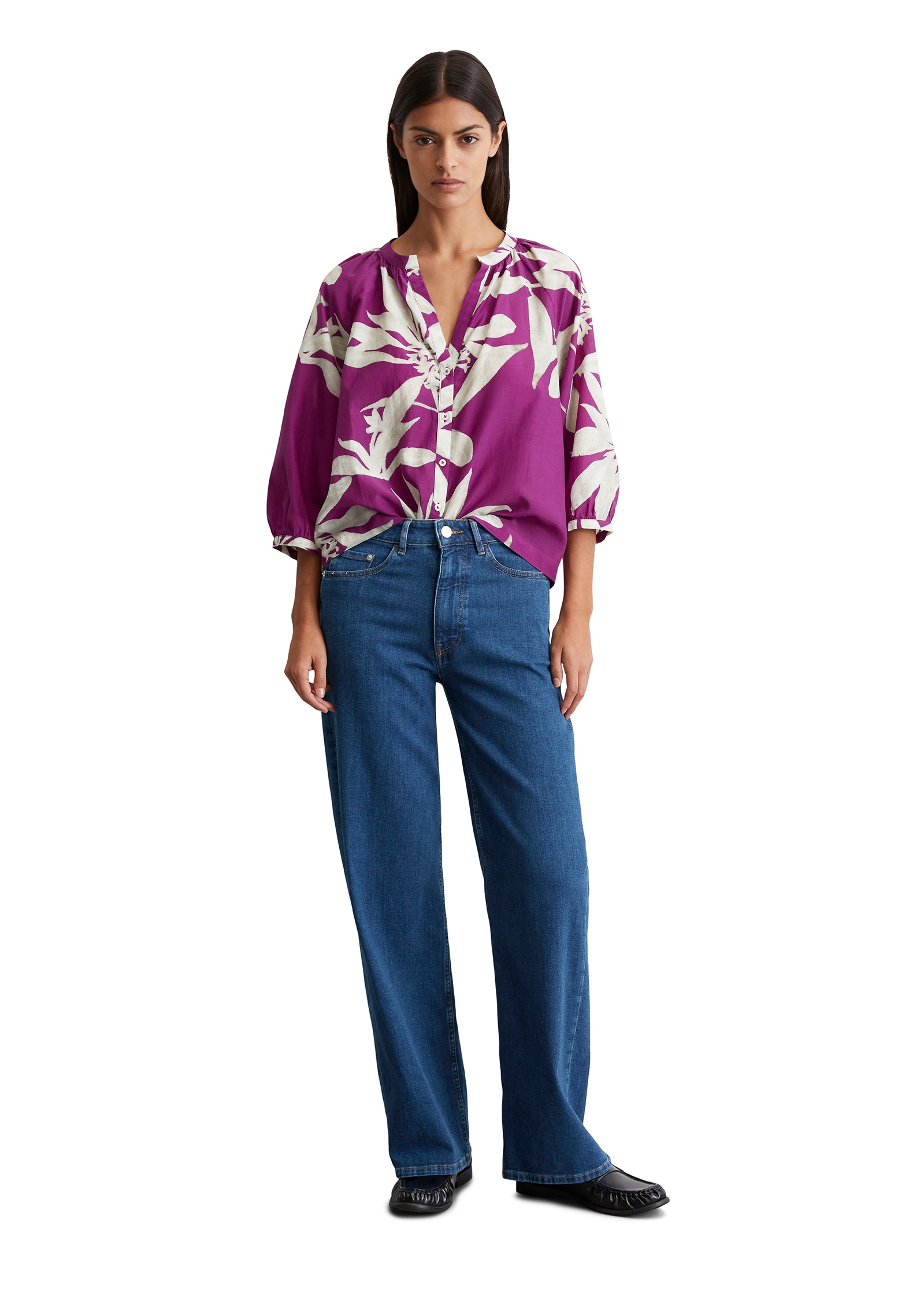 Marc O'Polo Druckbluse, V-Ausschnitt und Raffung, Print