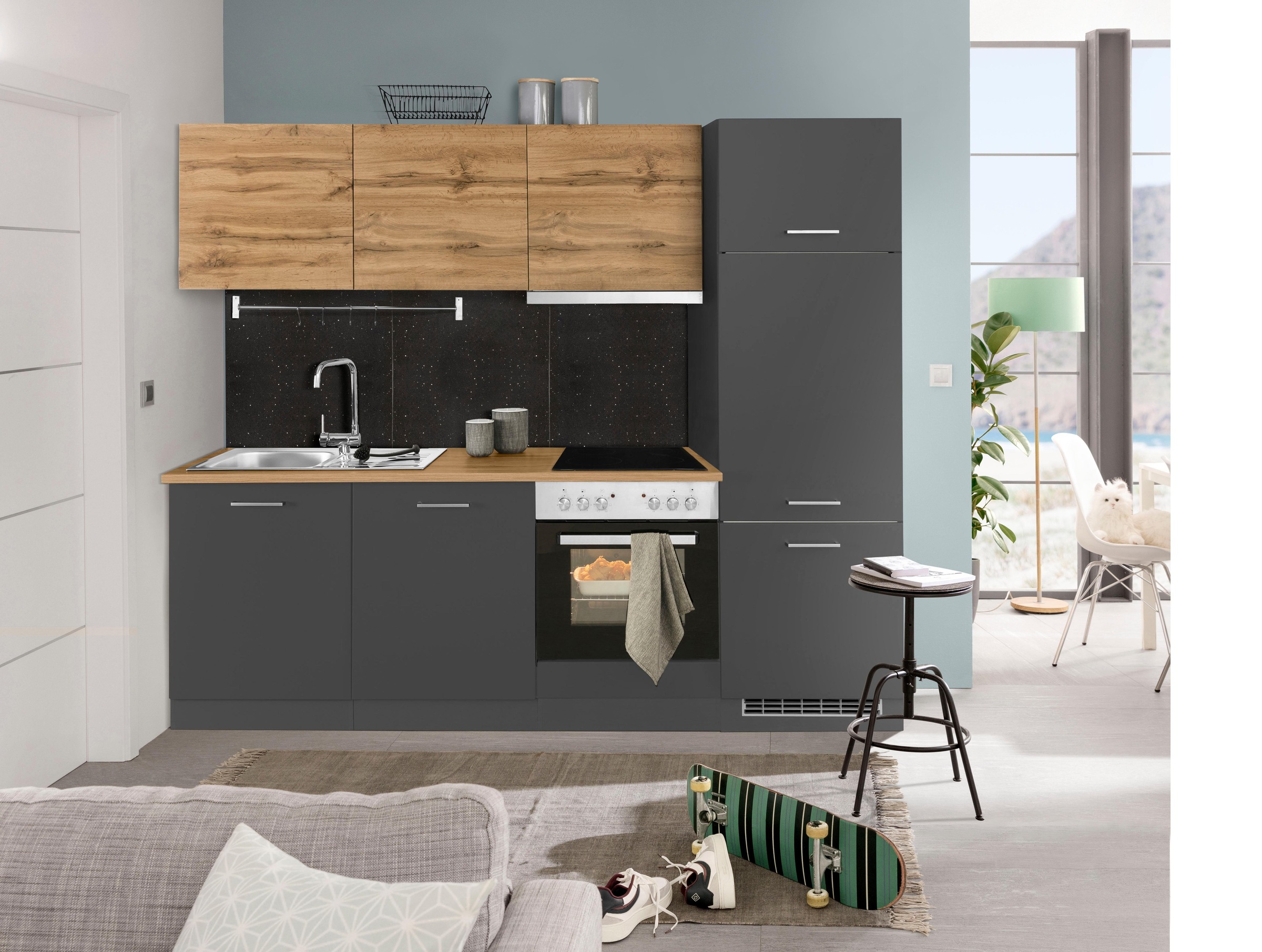 KOCHSTATION Küchenzeile »KS-Kehl«, mit E-Geräten, Breite 240 cm, inkl. Kühlschrank und Geschirrspüler