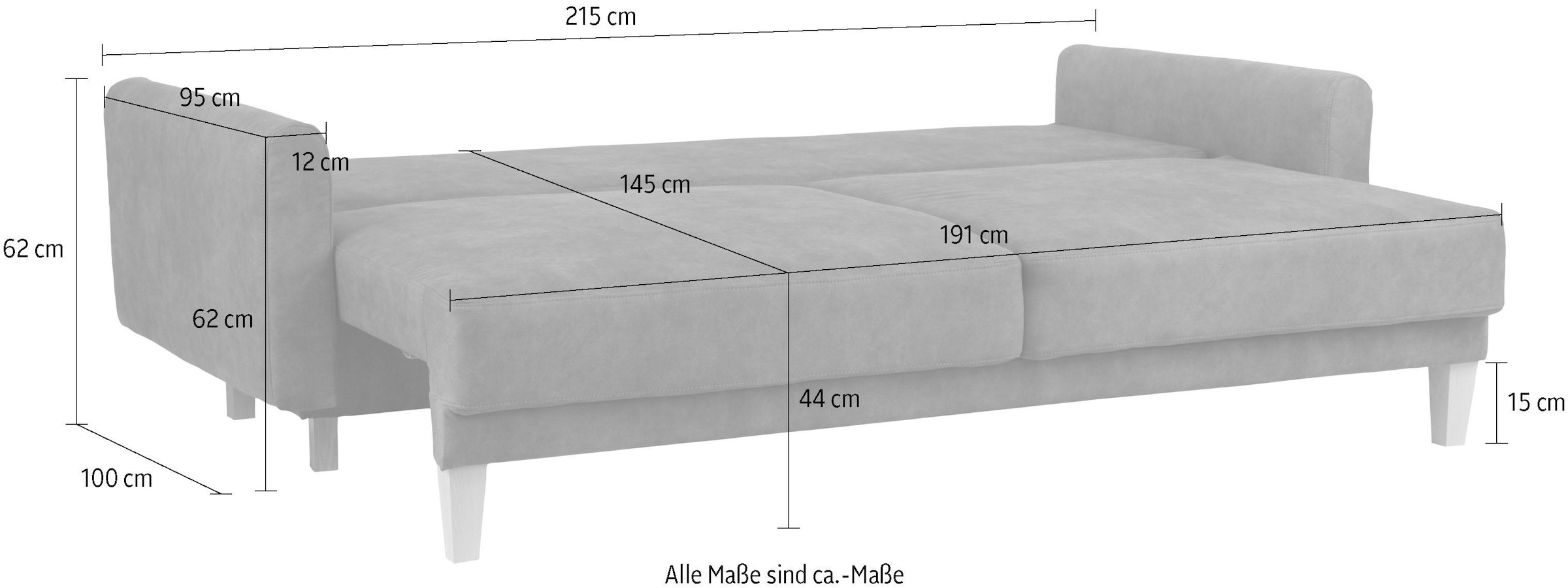 Home affaire 3-Sitzer »TRIPLO optionale Schlafsofa mit Bettkasten, Maße B/T/H: 215/100/89 cm«, Wahlweise Bettfunktion - Liegefläche 145x191 cm, Rücken-, Zierkissen