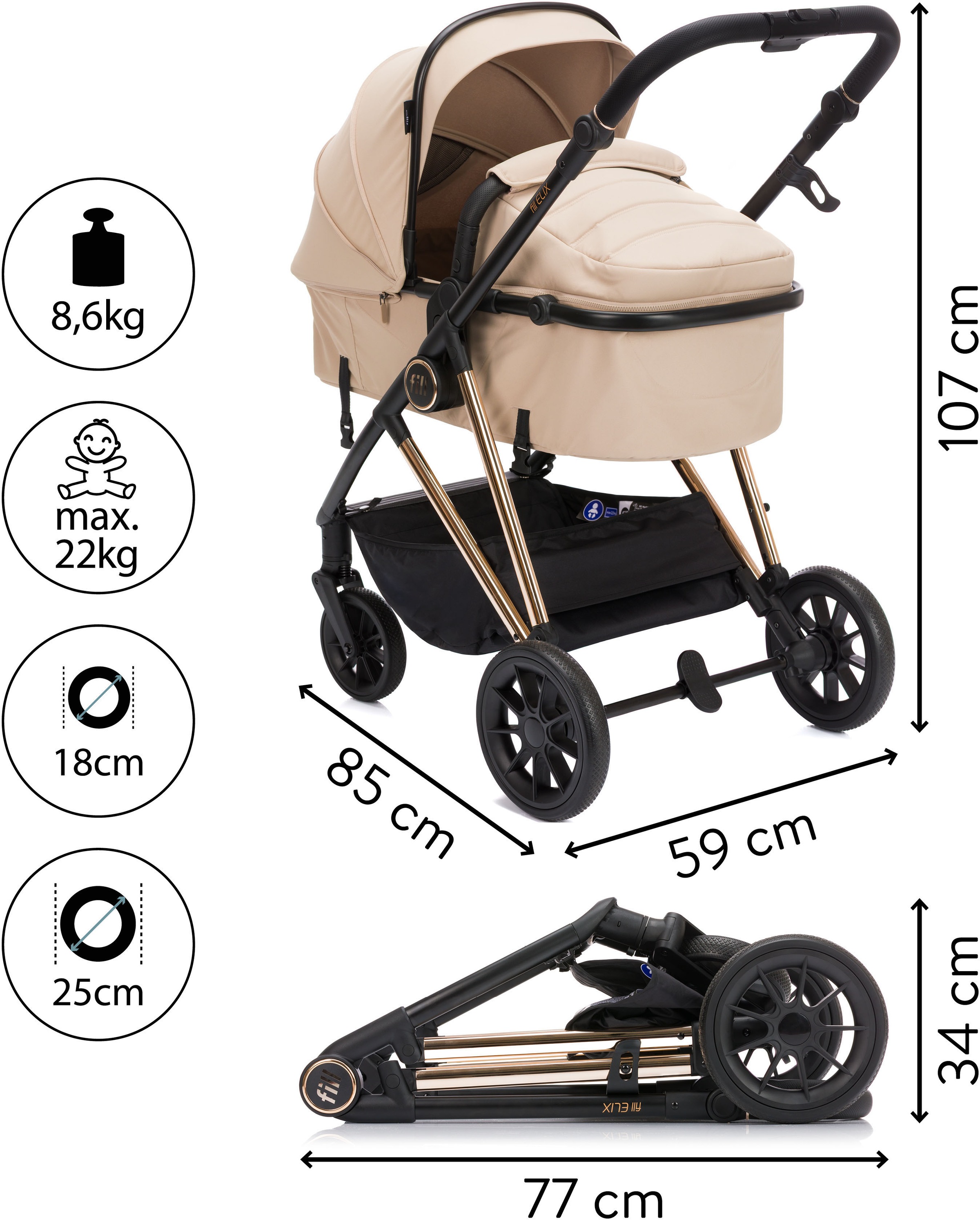Fillikid Kombi-Kinderwagen »Fill Elix« Babywanne einfach zum Sportsitz umbaubar