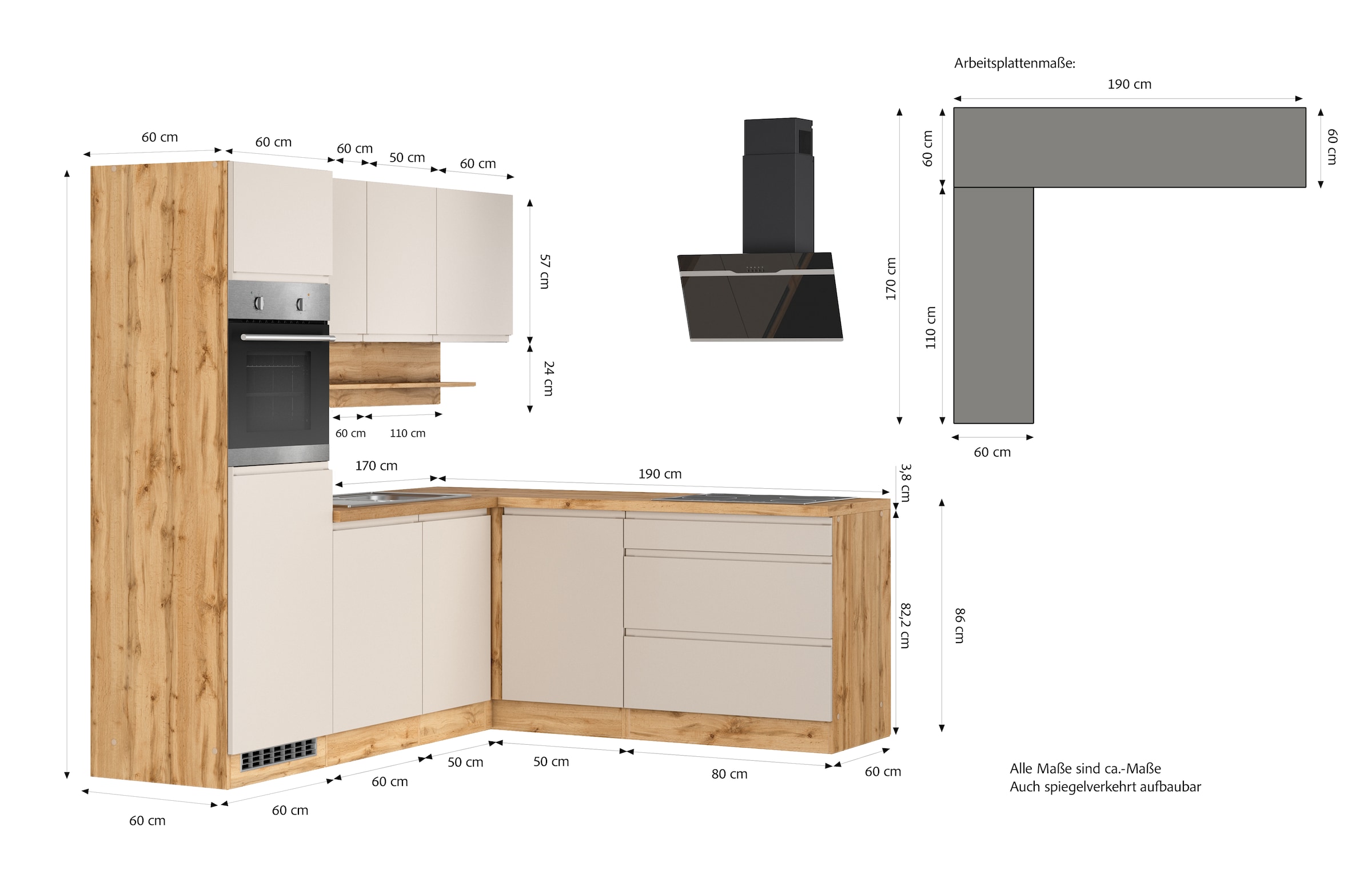 KOCHSTATION Winkelküche »KS-Virginia,neu in verbesserter Ausführung« Arbeitsplatte 38 mm stark, Stauraum, Softclose,  Stellbreite 230/190 cm, Soft-Close,wahlweise mit E-Geräten