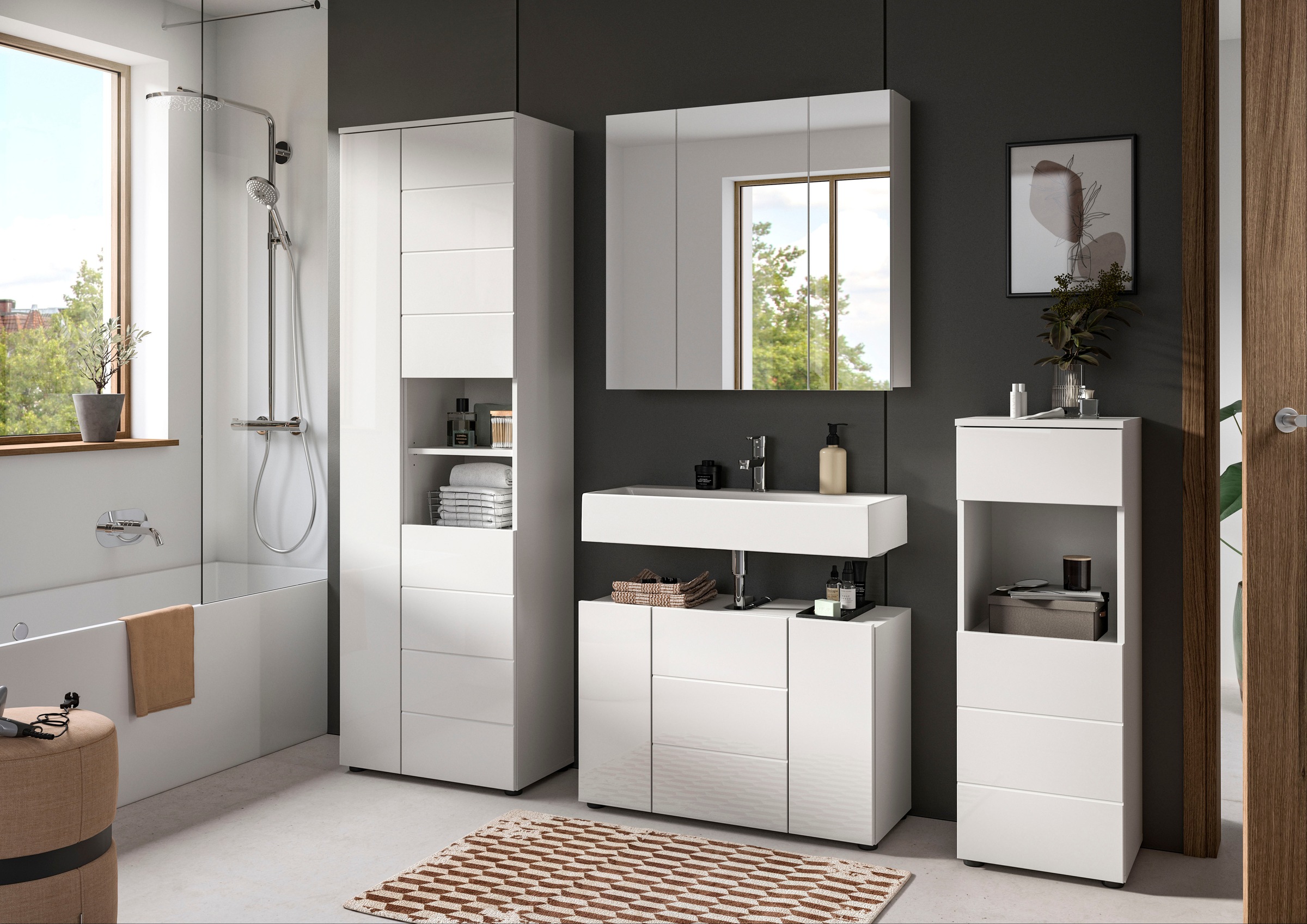 welltime Badmöbel-Set »Biel, Höhe 190 cm, Hochschrank, Unterschrank, Spiegelschrank«, (3 St.), Bad Set, modernes Design, Hochschrank, Unterschrank, Spiegel