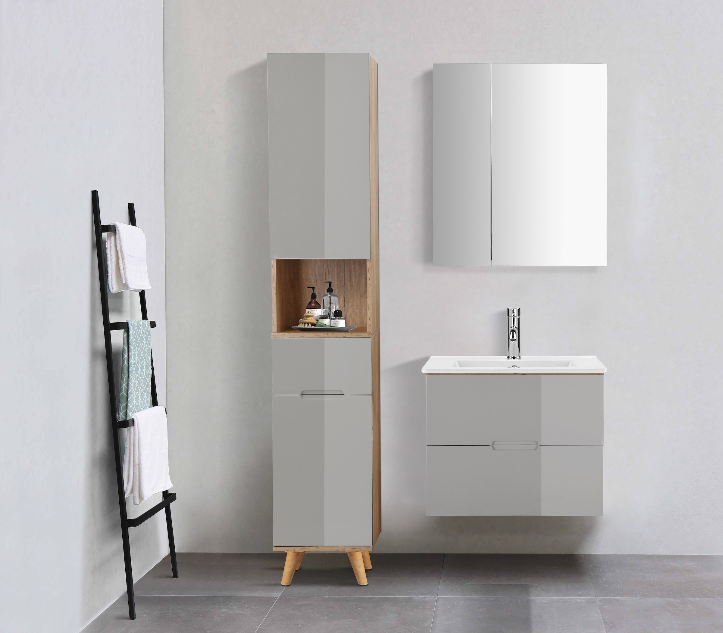 welltime Hochschrank »Lund Badschrank skandinavisches Design mit viel Stauraum«, Badmöbel, 2 Türen und 1 Schublade, Breite 35cm
