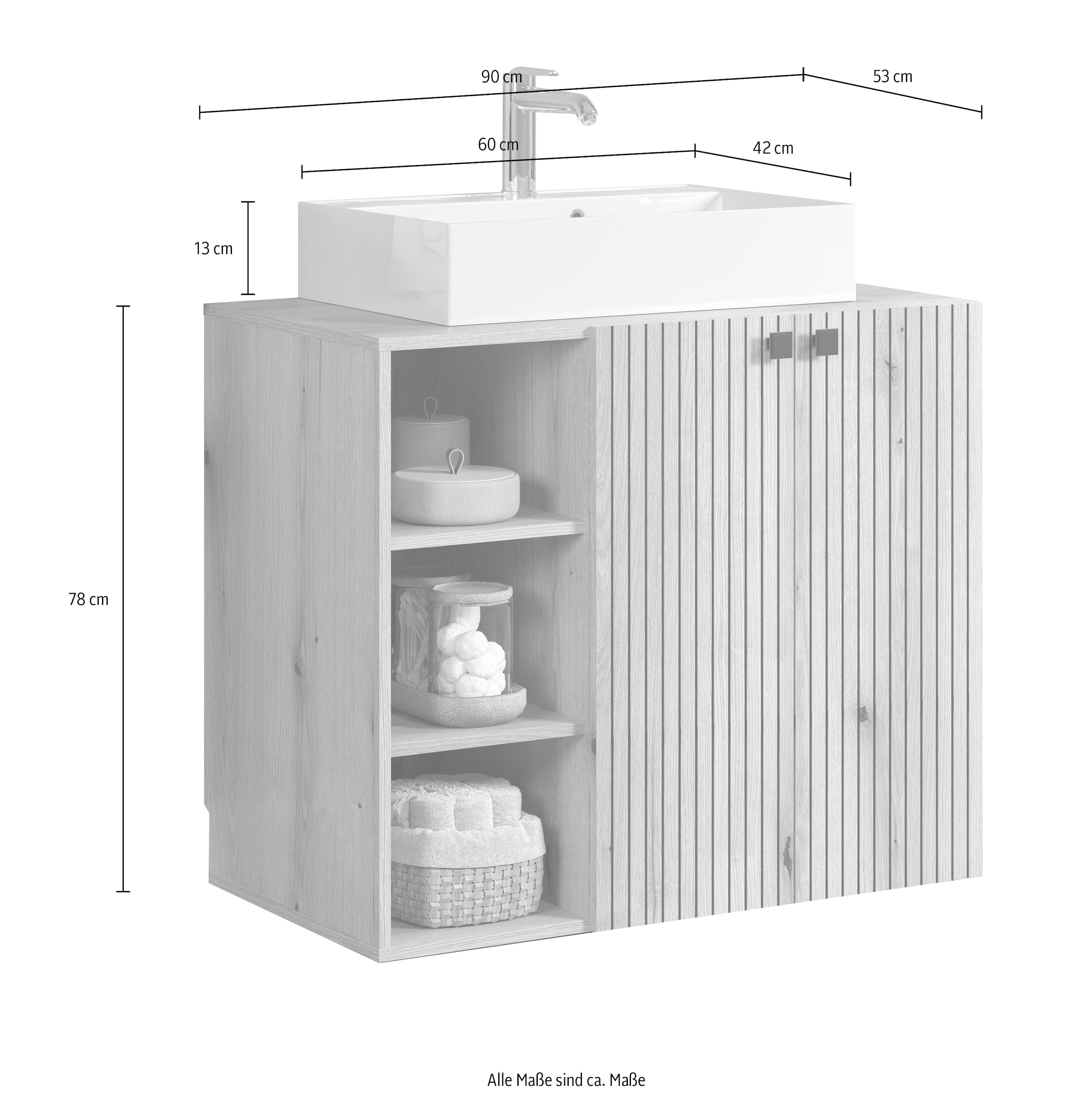 welltime Waschtisch »Amrum Waschbeckenunterschrank und Waschbecken«, Waschbeckenunterschrank mit Rillenoptik - Maße (B/T/H) 90/53/79 cm
