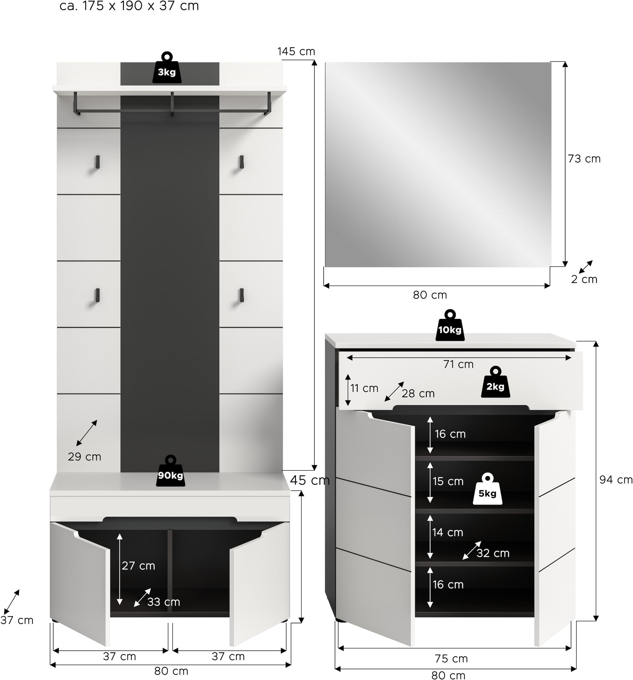 INOSIGN Garderoben-Set, (Set, 4 St., bestehend aus: Sitzbank, Paneel, Spiegel und Kommode), Garderobenkombination, Kombination, Set, Flurgarderobe, Diele