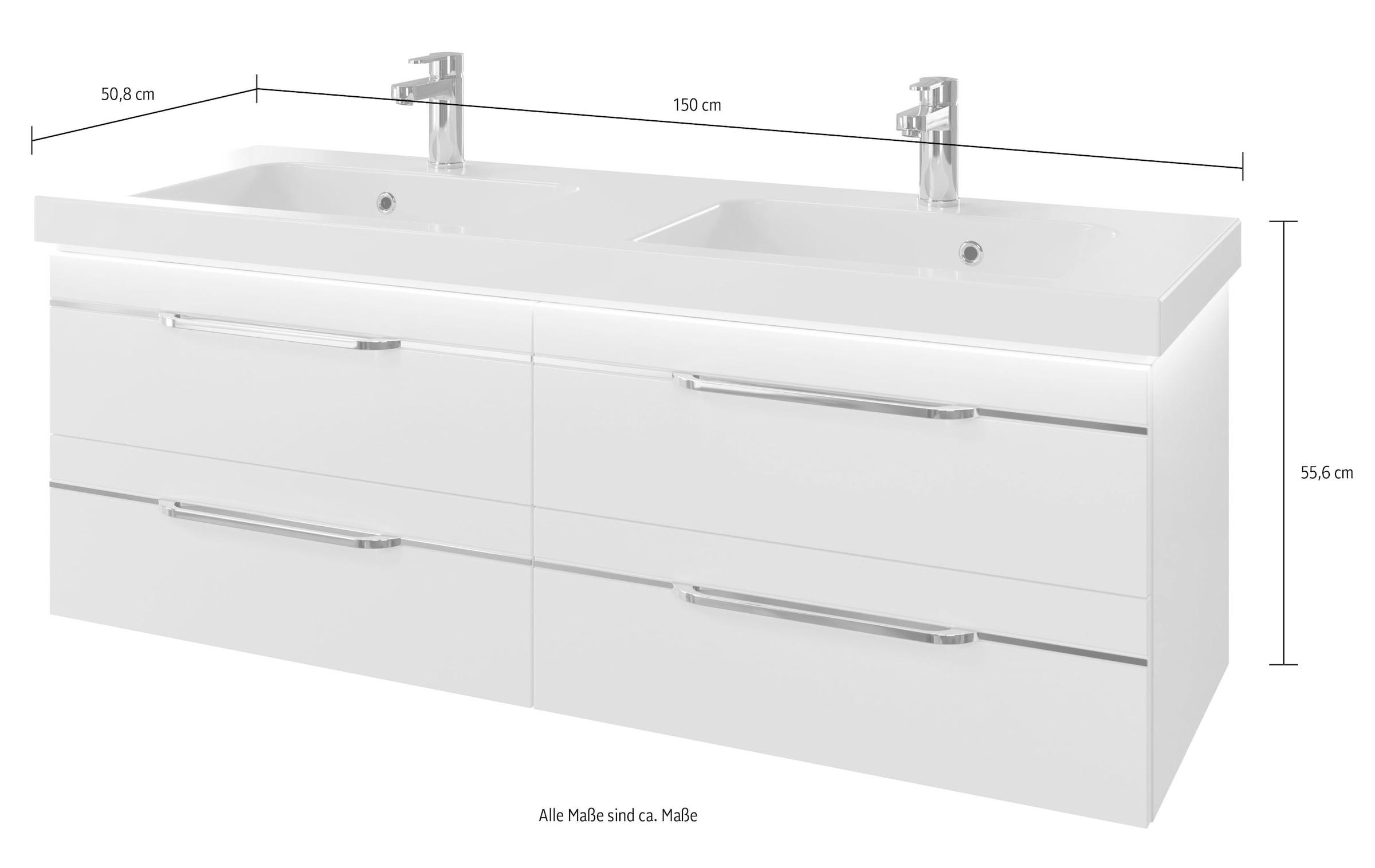 Saphir Badmöbel-Set »Balto 2-teilig Mineralmarmor-Doppelwaschtisch mit LED-Spiegel«, (2 St.), Waschplatz 150 cm breit, 4 Schubladen, inkl. Schubladendämpfer