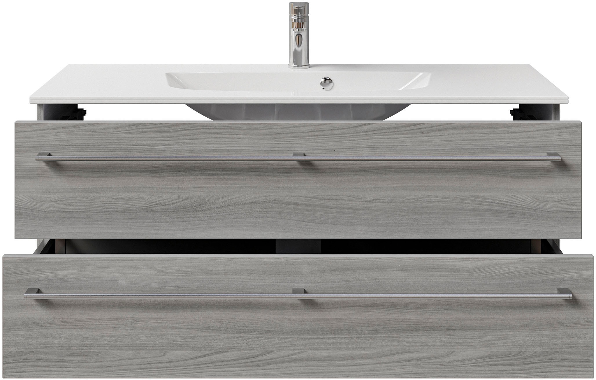 Saphir Badmöbel-Set »Serie 6025 2-teilig Mineralmarmor-Waschtisch mit LED-Spiegelschrank«, (2 St.), Waschplatz 117cm breit, 2 Schubladen, 3 Spiegel-Türen, inkl Türdämpfer