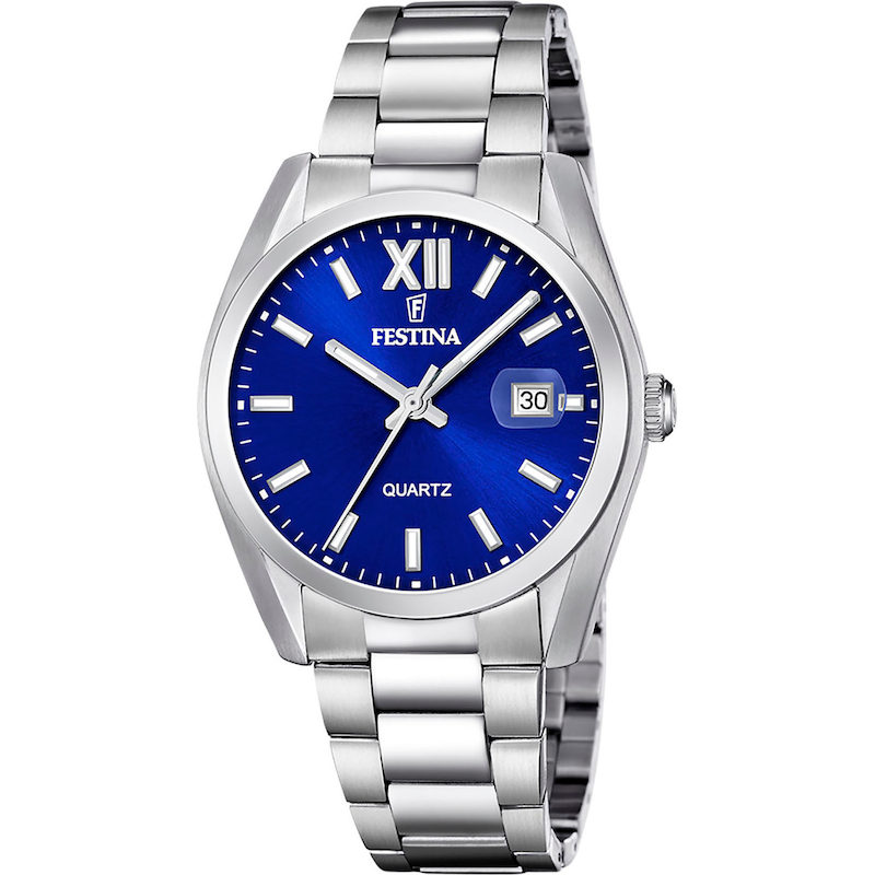 FESTINA Quarzuhr Armbanduhr, Damenuhr, Herrenuhr, Edelstahlarmband, analog, Tag silberfarben-blau Schnörkellose Armbanduhr