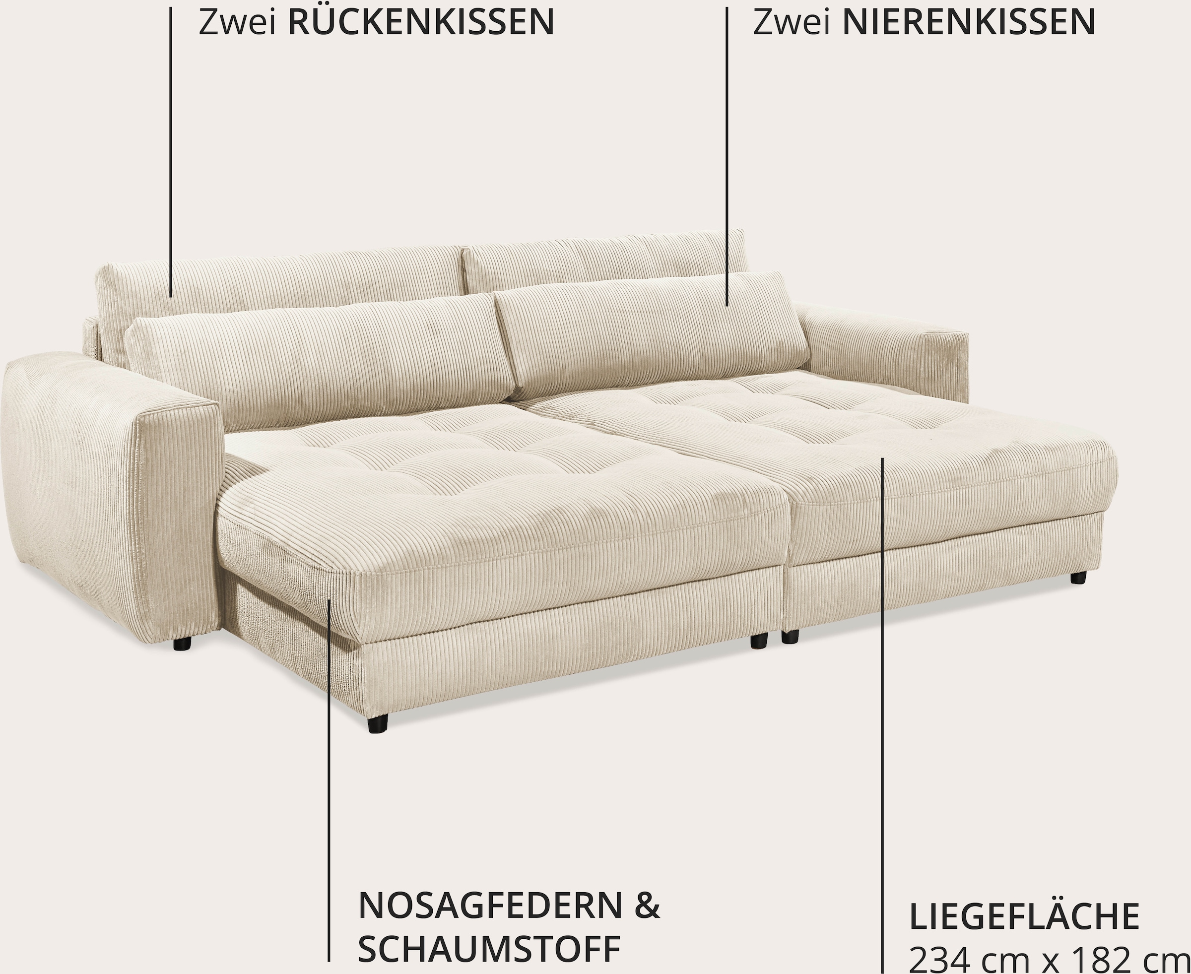ED EXCITING DESIGN Big-Sofa »Loveseat, 2-Sitzer, Barura, Breite 292« Big-Sofa mit 2 Nierenkissen