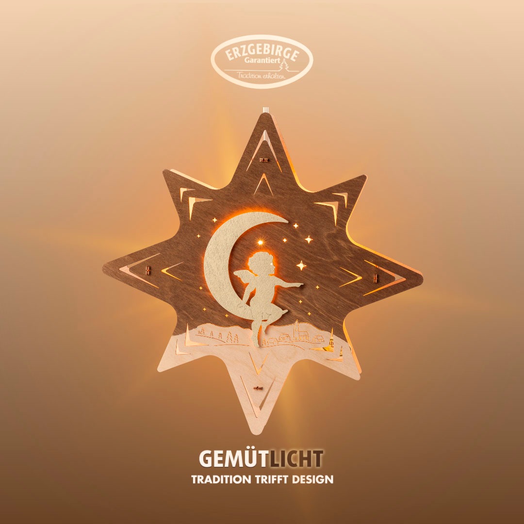 Weigla Dekostern »Engel auf Mond, beleuchtetes Fensterbild, BRAUN-GOLD, Mad günstig online kaufen