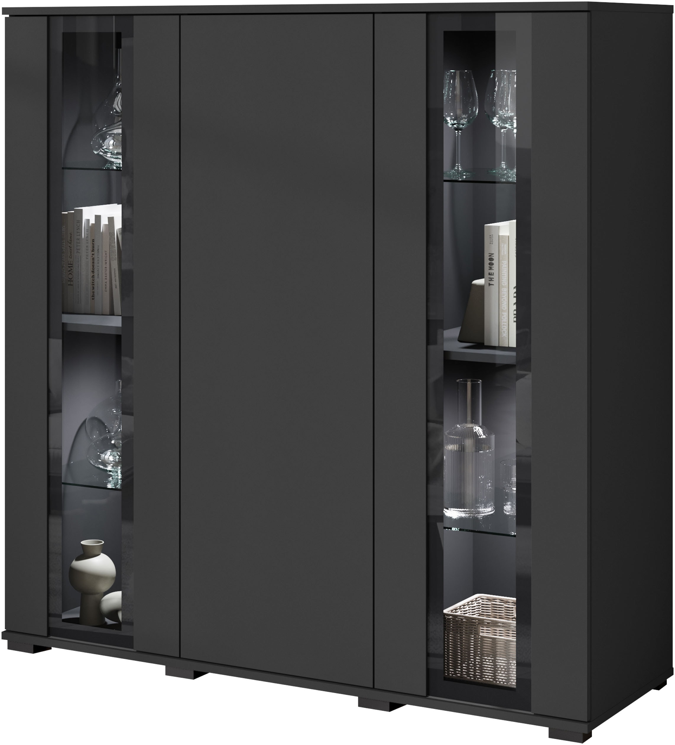 INOSIGN Highboard »Caro, modernes Design mit Glaseinsätzen, Breite 120 cm«, (1 St.), grifflose Fronten mit Push-to-Open, höhenverstellbare Einlegeböden