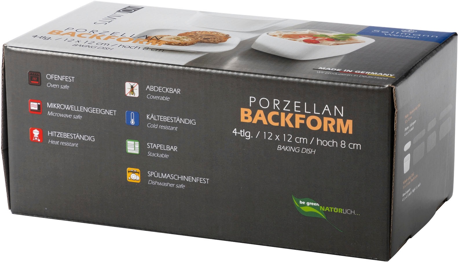 Seltmann Weiden Backform »No Limits, Servierschale mit Deckel 12 x 12 cm, Set 4-tlg.«, (Set, 4 St., 2 x Schalen eckig 11 x 11 cm, 2 x Deckel 12 x 12 cm), aus Porzellan, hitzebeständig, Backofenfest