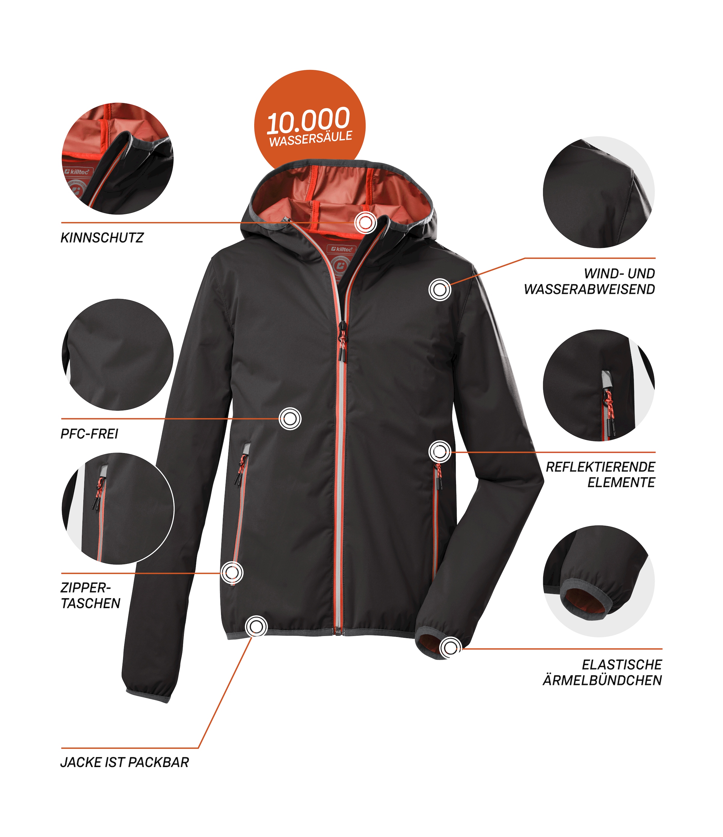 Killtec Outdoorjacke »KOS 230 BYS JCKT«, Packbare, 100% wasserdichte Jacke mit Kapuze und reflektierenden Elementen