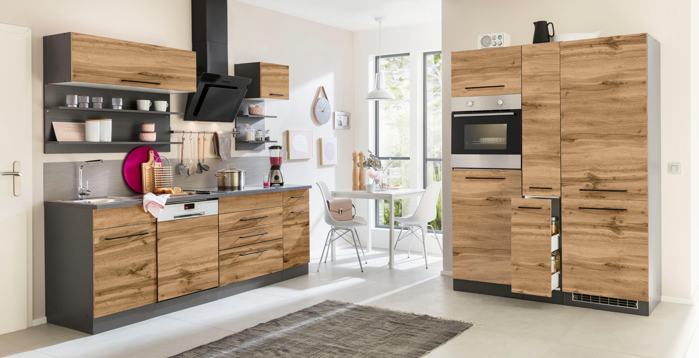 KOCHSTATION Küchenzeile »KS-Tulsa«, mit E-Geräten, Breite 380 cm, schwarze Metallgriffe, MDF Fronten