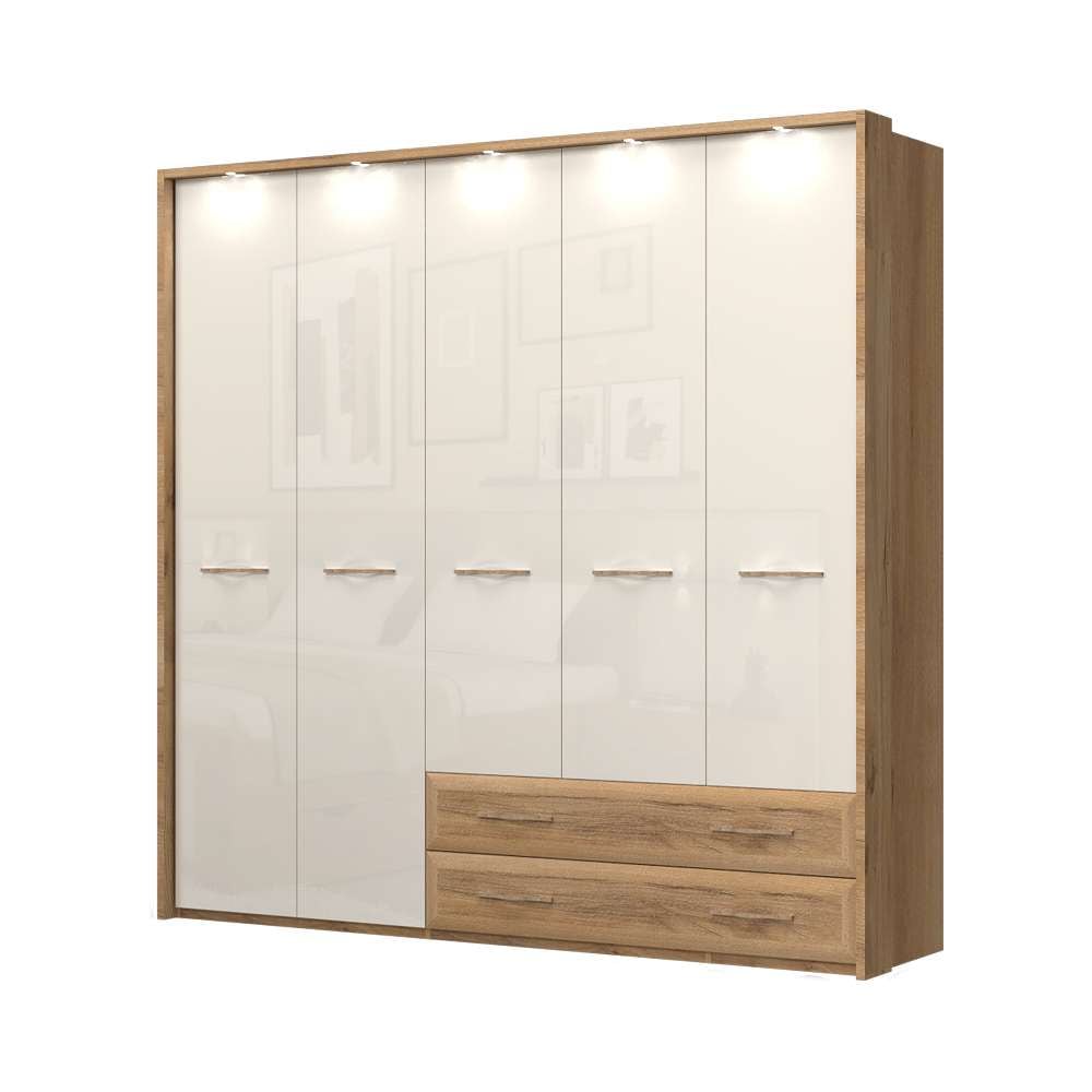 Home affaire Kleiderschrank »Gala, beige hochglänzend UV lackiert, kratzfest, FSC-zertifiziert«, (abgerundete Schubladen aus MDF im Holzdekor, soft-close), mit Beleuchtung und Passpartourahmen, hoher Schrank (224cm), 3 Breiten