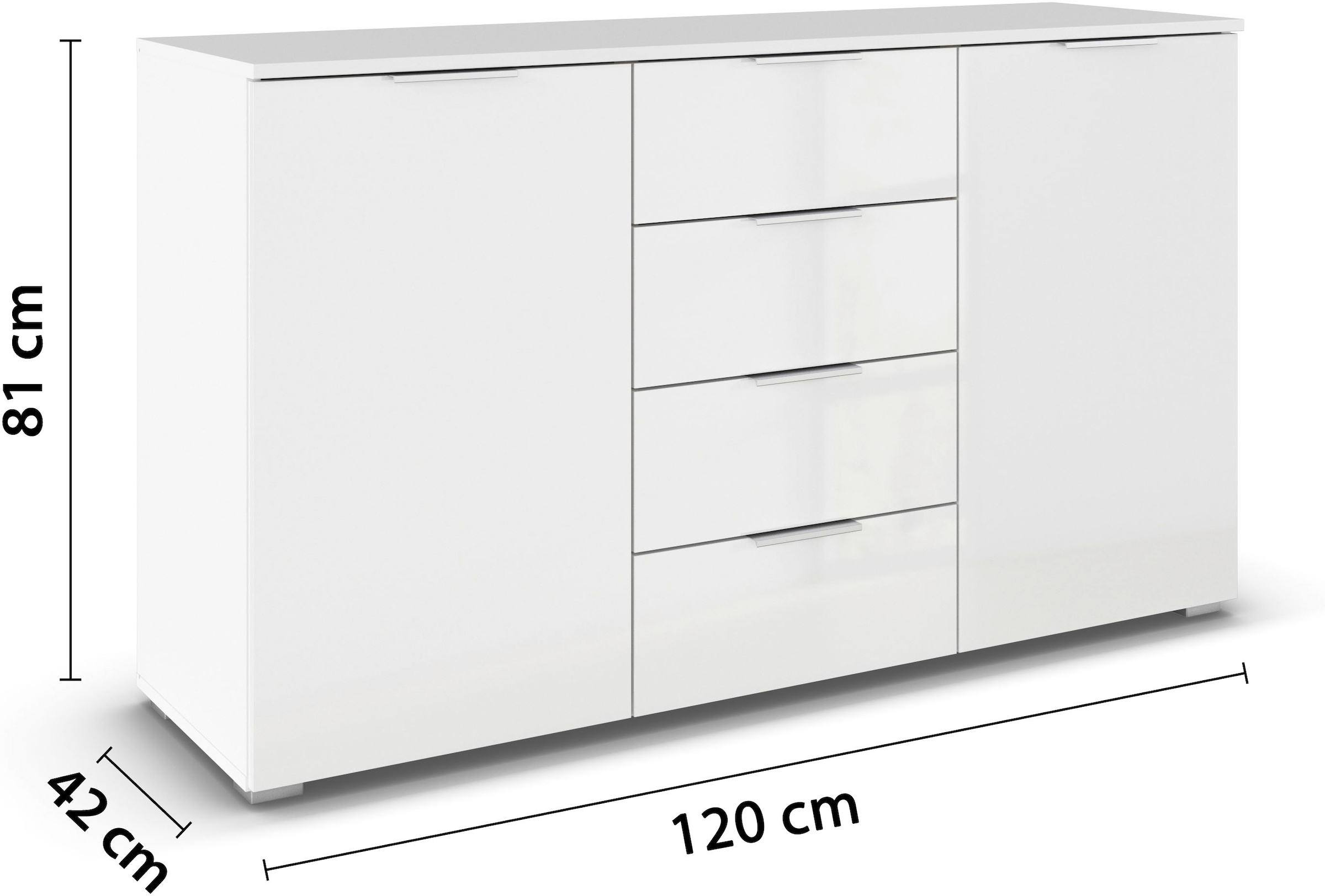 rauch Kombikommode »Sideboard Schubladenkommode AGORDO mit Dekor- oder Hochglanzfront«, (in zwei Griff-Farben, Breite 120 cm), vier große Schubladen, mit insgesamt 4 Einlegeböden MADE IN GERMANY