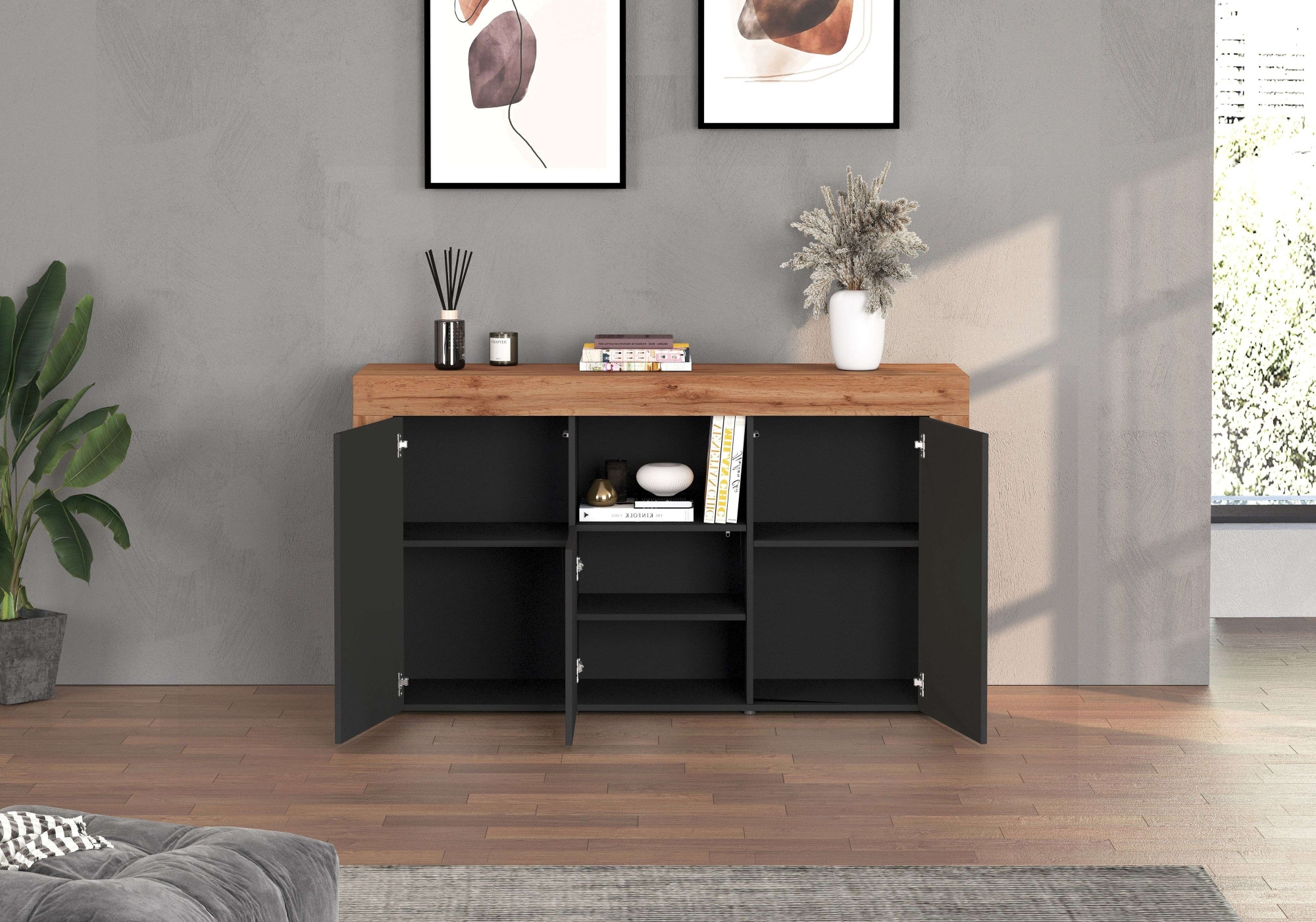 INOSIGN Sideboard »CHRONOS Breite 155 cm mit 3 Türen, 1 offenes und 6 geschlossene Fächer«, (1 St.), Sideboard,Kommode, Schrank, Grifflos mit Push to Open, Made in Italy