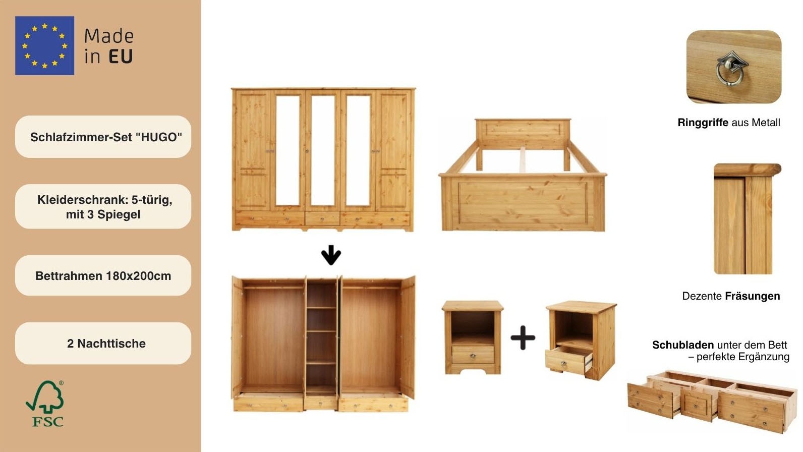 OTTO home Schlafzimmer-Set »Hugo« Set, 4 Stk. tlg. Bett 180x200 cm, 5-trg Kleiderschrank und 2 Nachttische