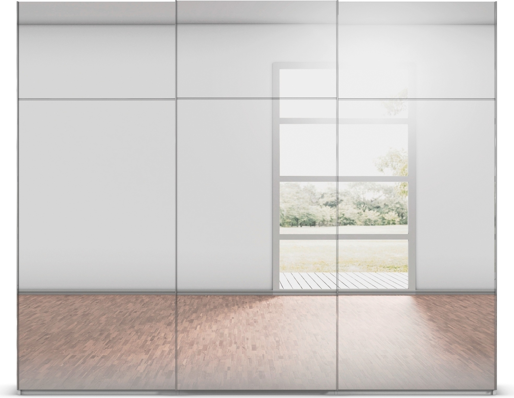 rauch Schwebetürenschrank »Kleiderschrank Schrank Garderobe Schlafzimmerschrank SCALE-TRIO«, edle dreigeteilte Front mit 2 Zierleisten Spiegelfront MADE IN GERMANY