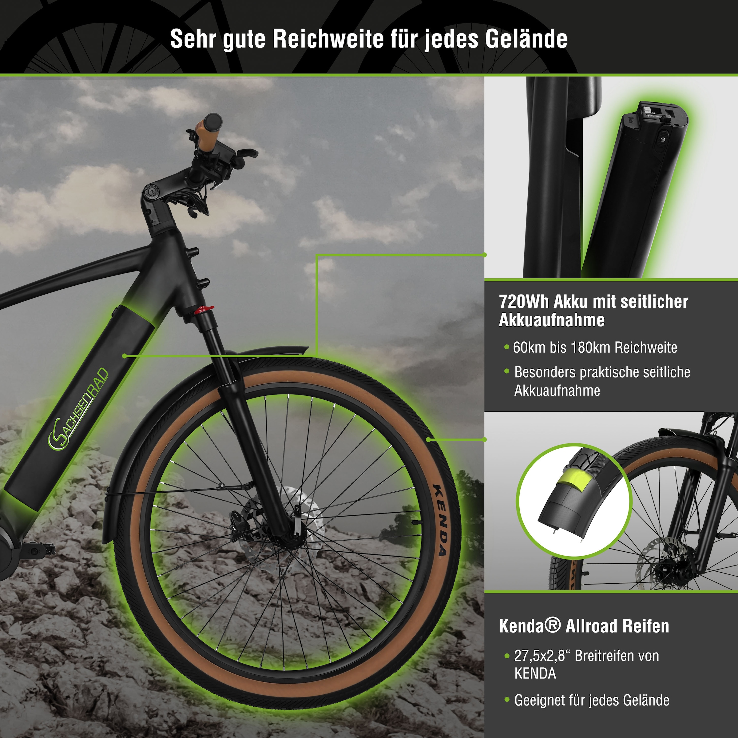 SachsenRad »S8« 10 Gang Magura Shimano Deore Schaltwerk Kettenschaltung Mittelmotor 250 W TFT Farb-LCD-Display, Fahrmodus Pedelec, 
LED-Frontlicht