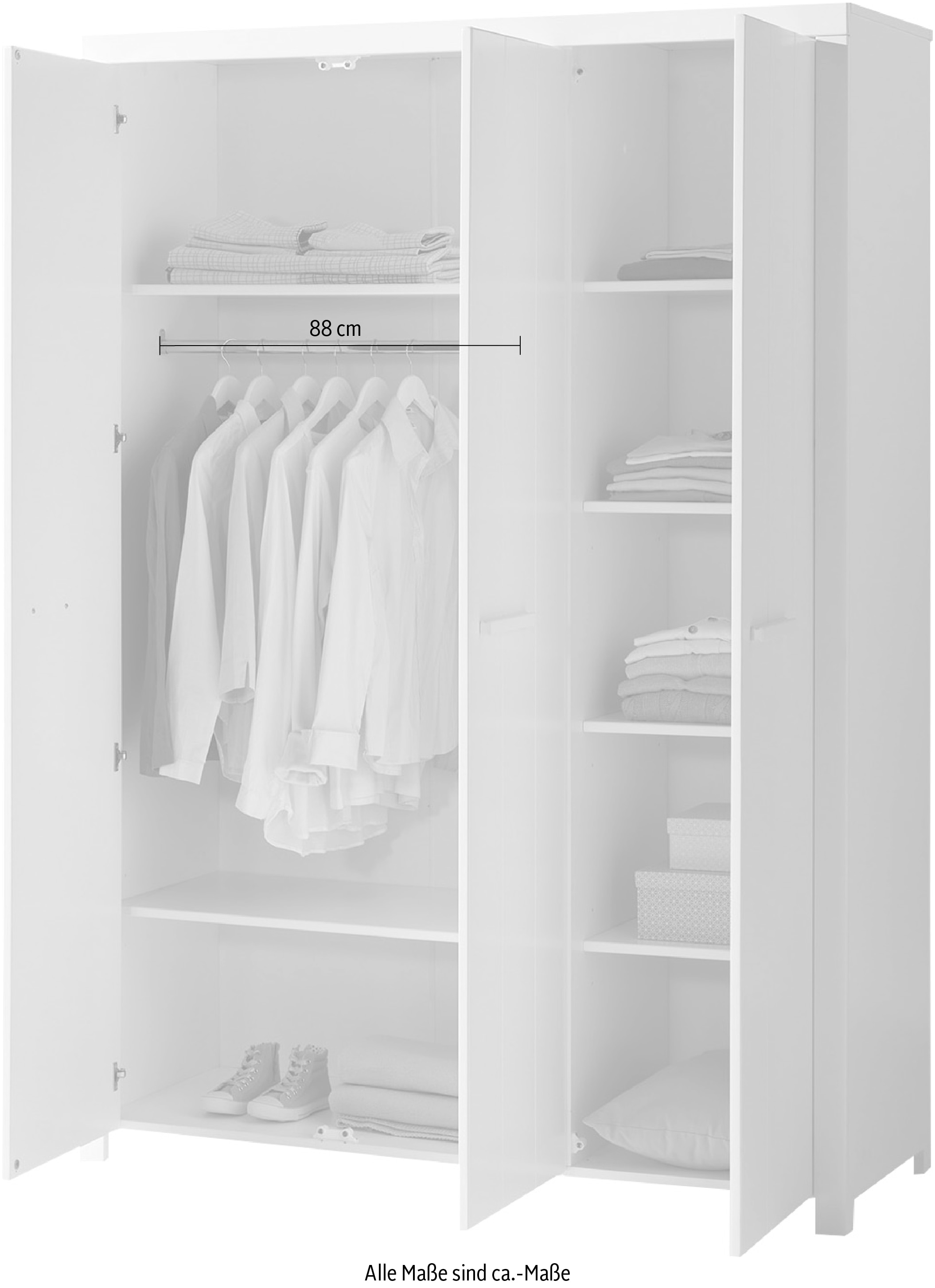 Vipack Kleiderschrank »Erik, Kleiderschrank 3-trg. mit viel Stauraum, MDF weiß lackiert«, (B/H/T ca. 144x205,5x57,5cm, in Landhaus-Optik), geräumiger Schrank inkl. Wäscheeinteilung, Ausf. weiß lackiert