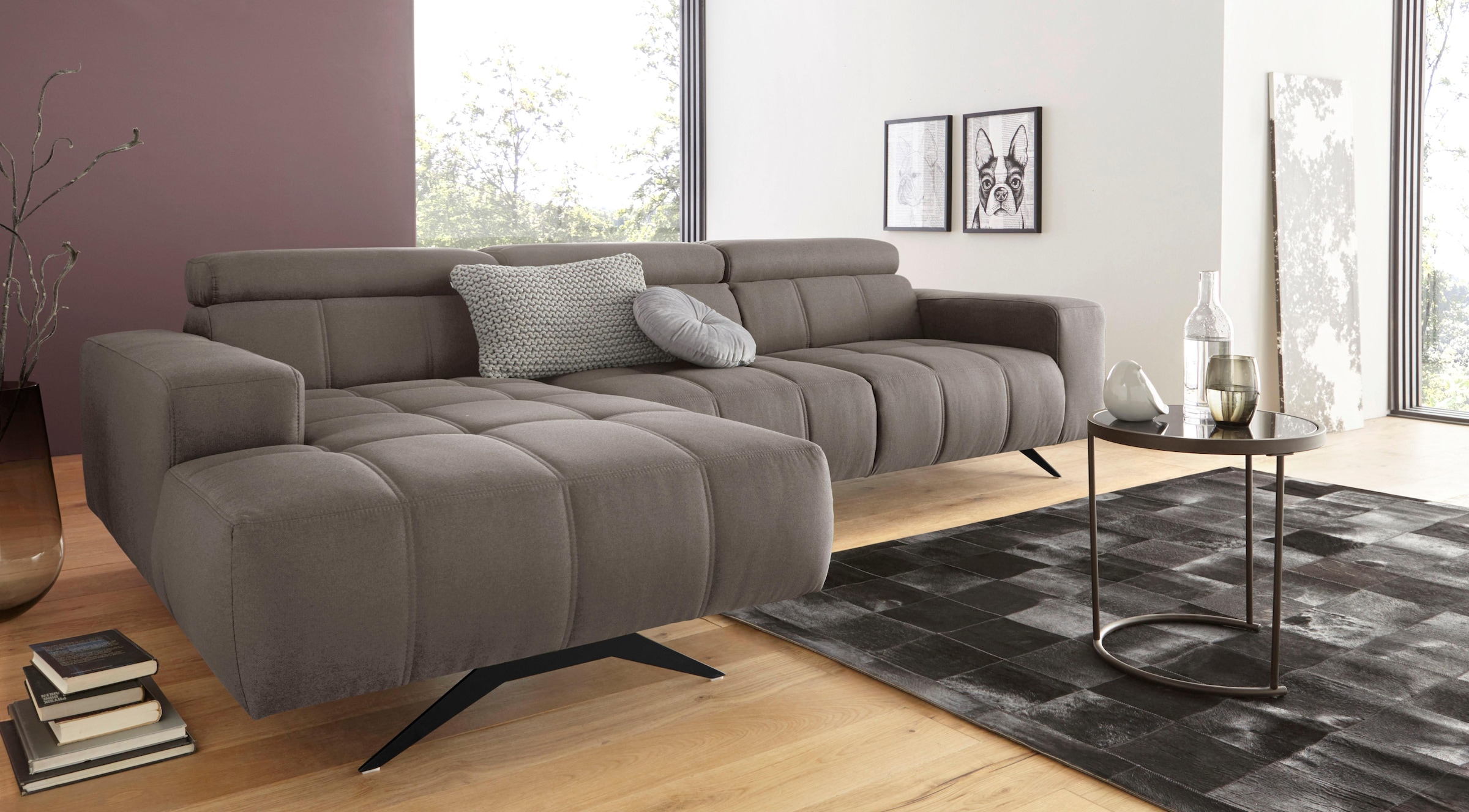 DOMO collection Ecksofa »Trento L-Form, mit Kufenfuß oder Einzelfuß«, wahlweise mit Kopfteilverstellung, Recamiere links/rechts bestellbar