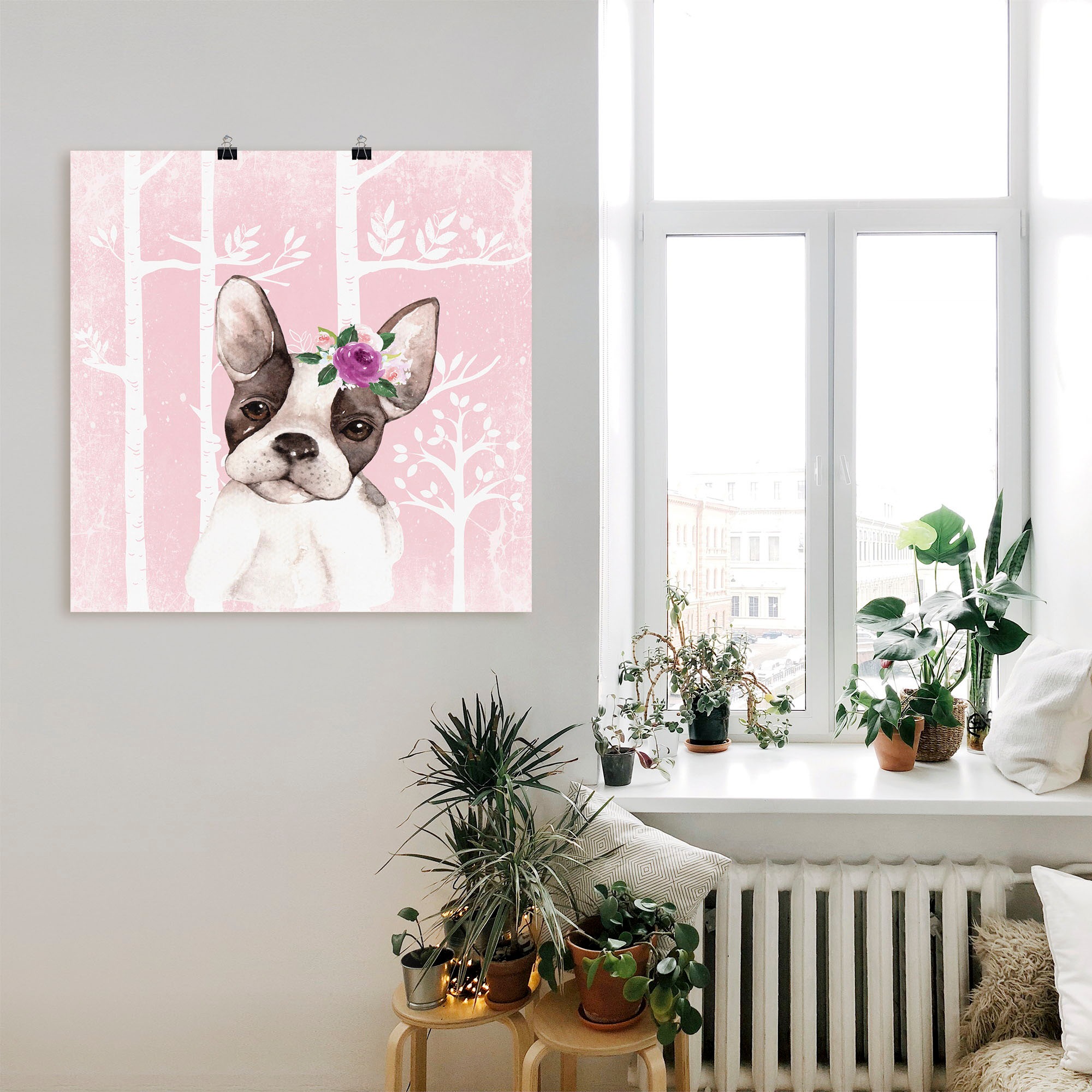 Artland Wandbild »Mops Hund mit Blumen im pink Wald«, Tiere, (1 St.), als Poster, Wandaufkleber in verschied. Größen