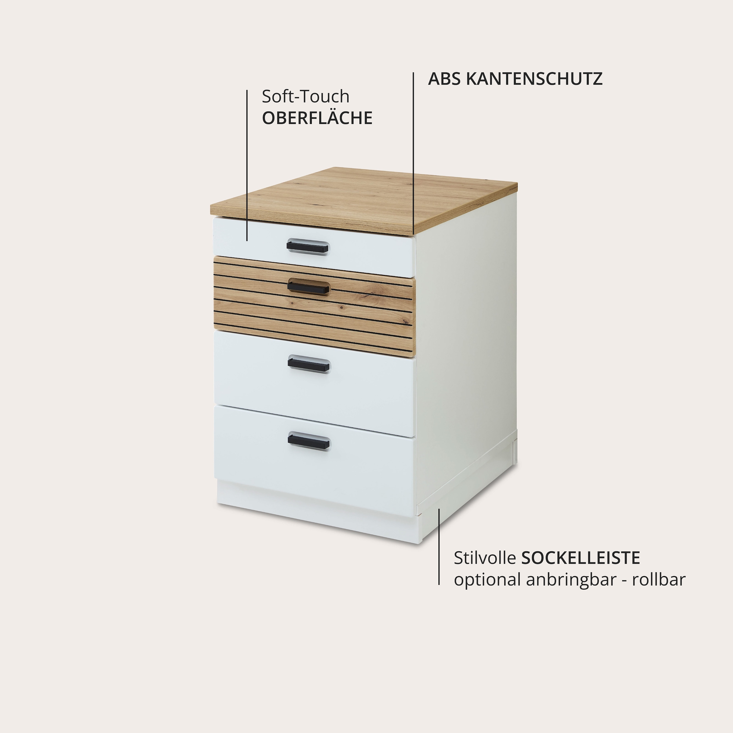 Innostyle Rollcontainer »Nachtkommode Glenn, 45 x 66 x 55 cm (B/H/T)«, (1 St.), inkl. Filzeinlage, 4 Rollen (2 mit Bremsen) oder Sockel, SK Soft-Close