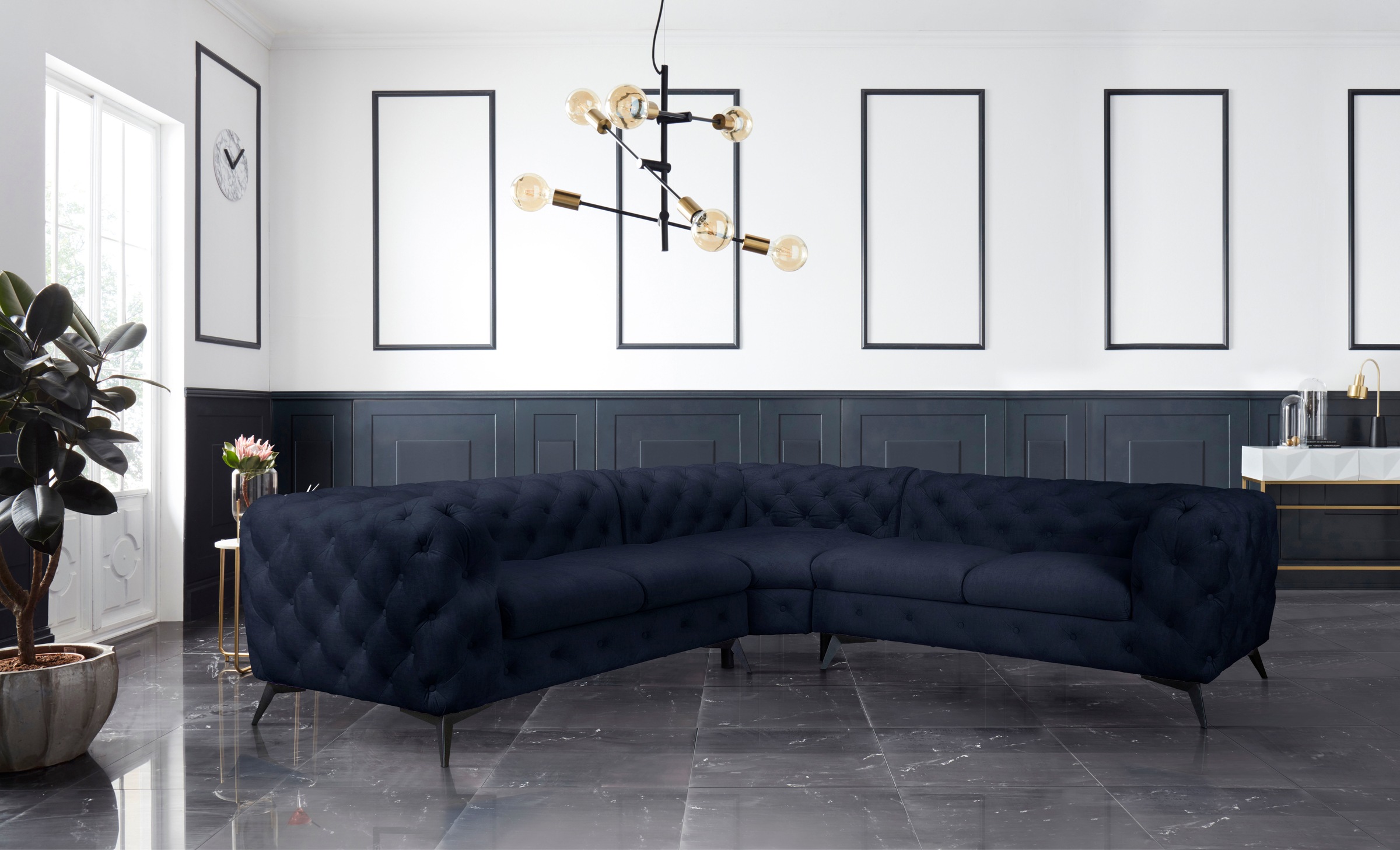 Leonique Chesterfield-Sofa »Ecksofa GLYNIS L-Form mit Wellenunterfederung, Maße B/T/H 264/264/75cm«, aufwändige Knopfheftung, moderne Chesterfield Optik, Fußfarbe wählbar