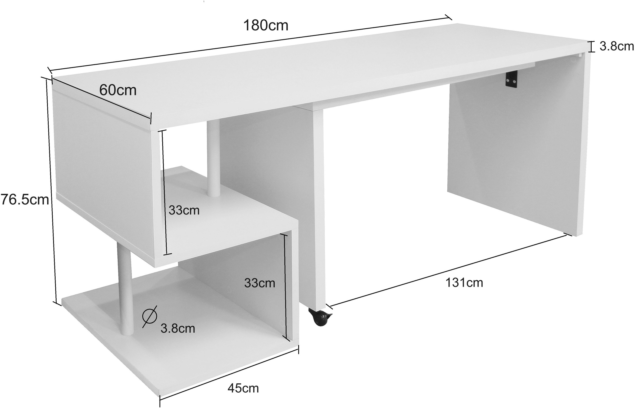 Places of Style Schreibtisch »Lopar, Eckschreibtisch«, rollbares Tischelement, großzügige Arbeitsfläche, Winkel 180x129 cm
