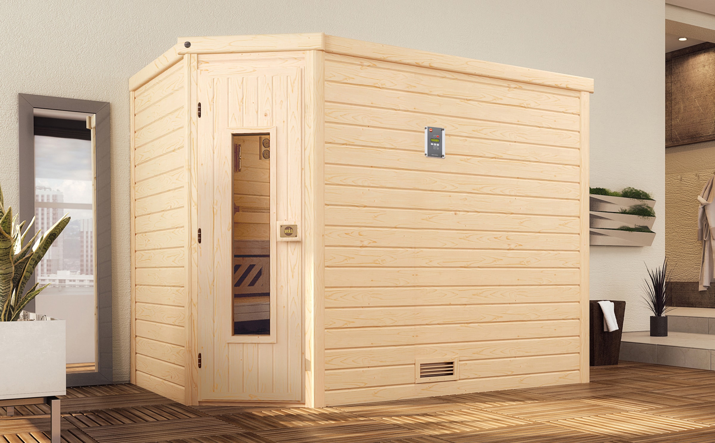 weka Sauna »Massivholzsauna TURKU 3« Blockbohlen, isolierte Holztür