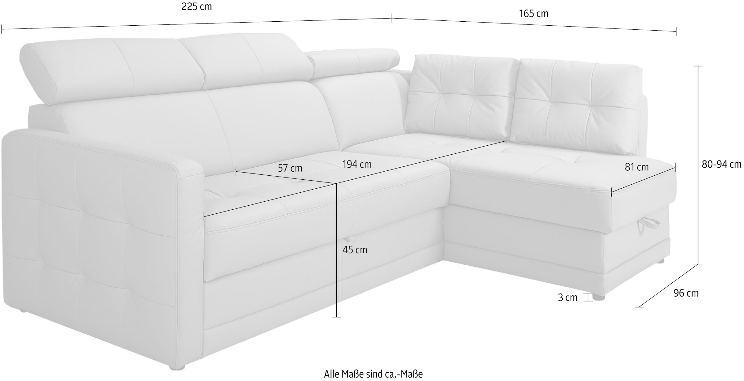 exxpo - sofa fashion Ecksofa »Arles, Federkern, zeitlos, Breite 225cm, L-Form« wahlweise mit Bettfunktion und Bettkasten, inkl. Kopfteilverstellung