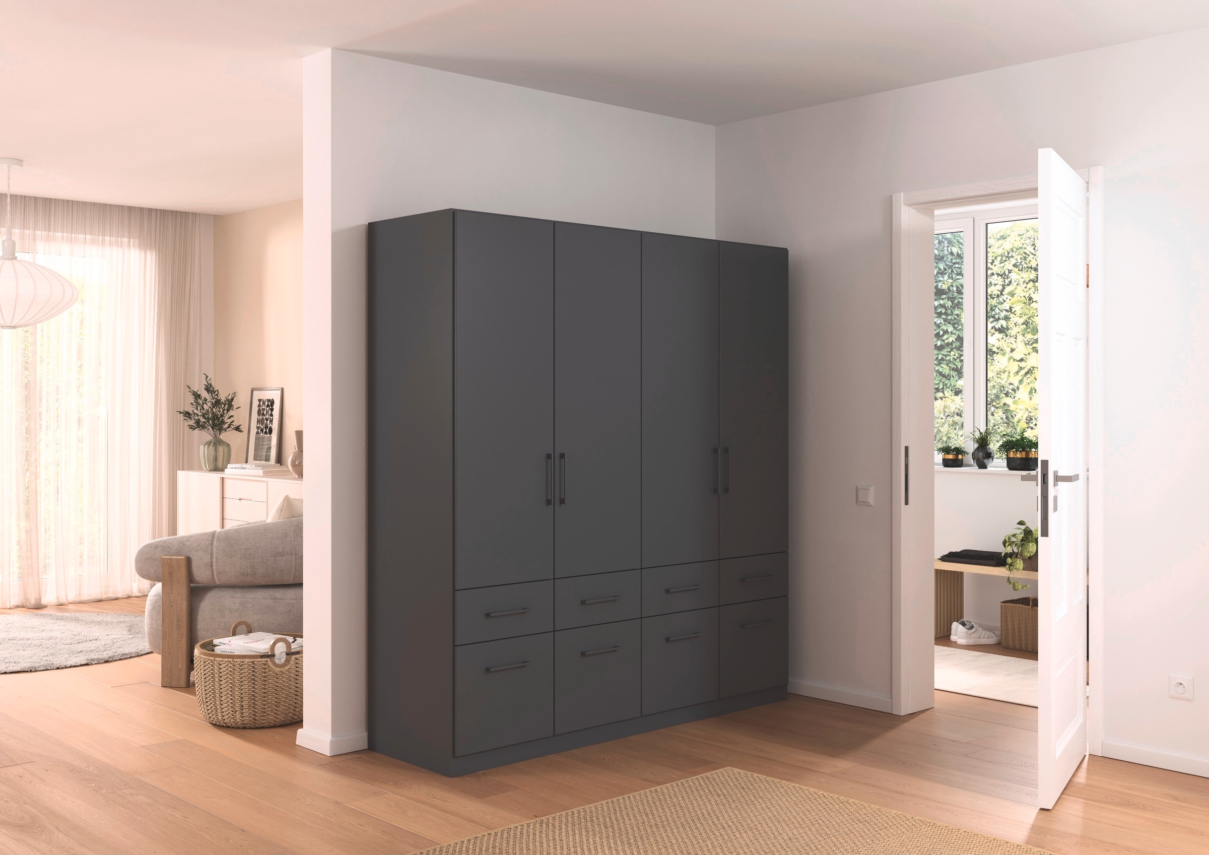 rauch Kleiderschrank »Kleiderschrank Schrank Garderobe Wäscheschrank DUNDEE«, (mit 3 Griff-Varianten), Schubladen in zwei Höhen, optional mit Spiegel MADE IN GERMANY