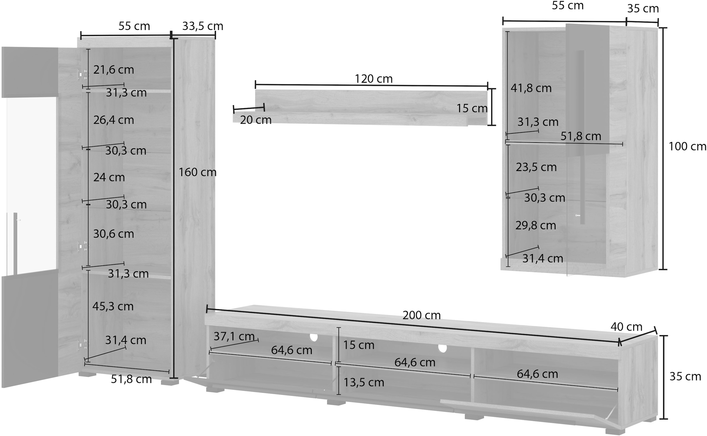 INOSIGN Wohnwand »Roger,Breite 255 cm moderne Mediawand ohne Beleuchtung«, (Set, 4 St.), Anbuwand (Set,4-St) viel Stauraum, Glastüren