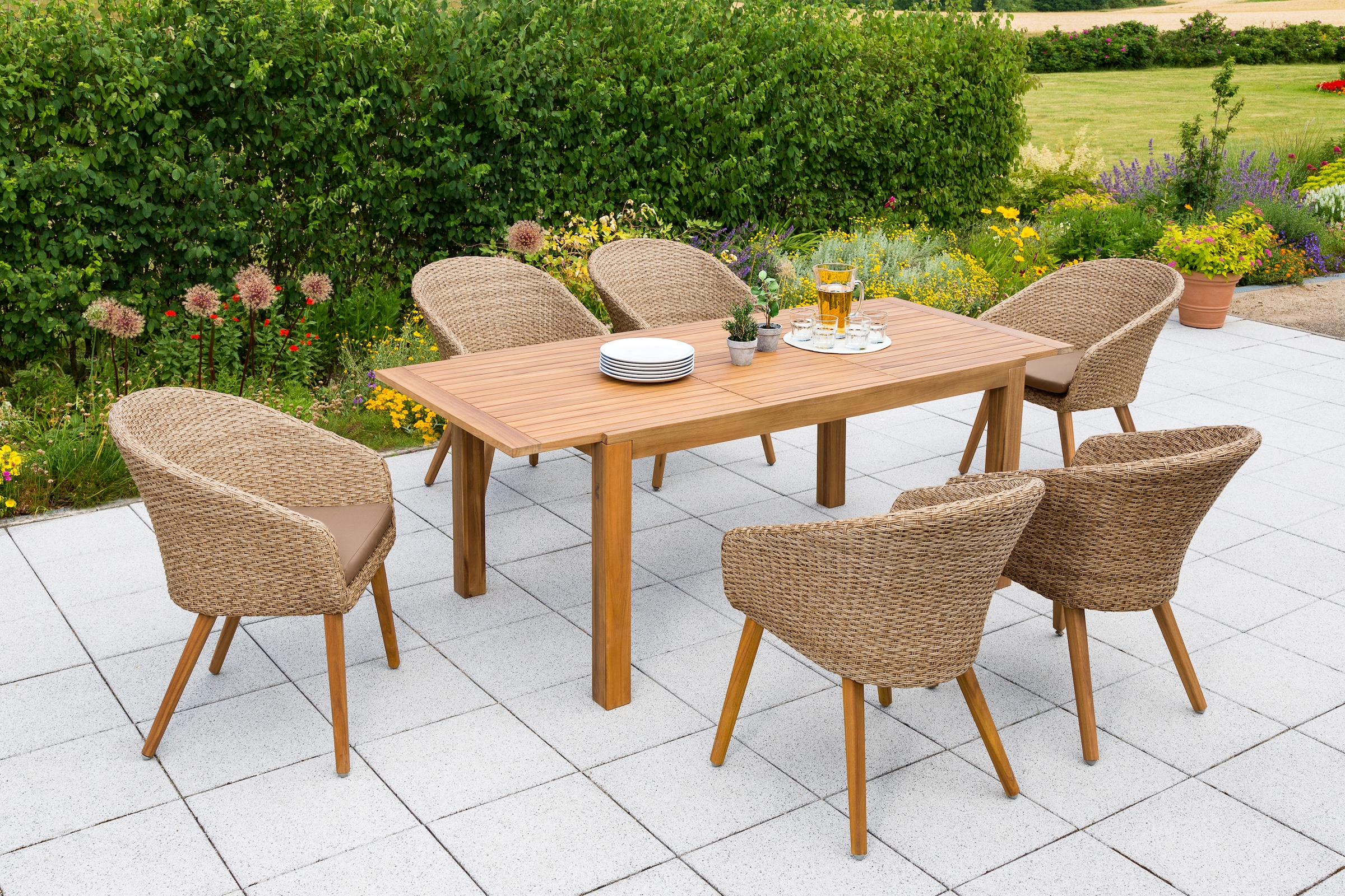 MERXX Garten-Essgruppe »Arrone« 7 Stk. tlg. 6 Stühle und Tisch, mit Sitzpol günstig online kaufen
