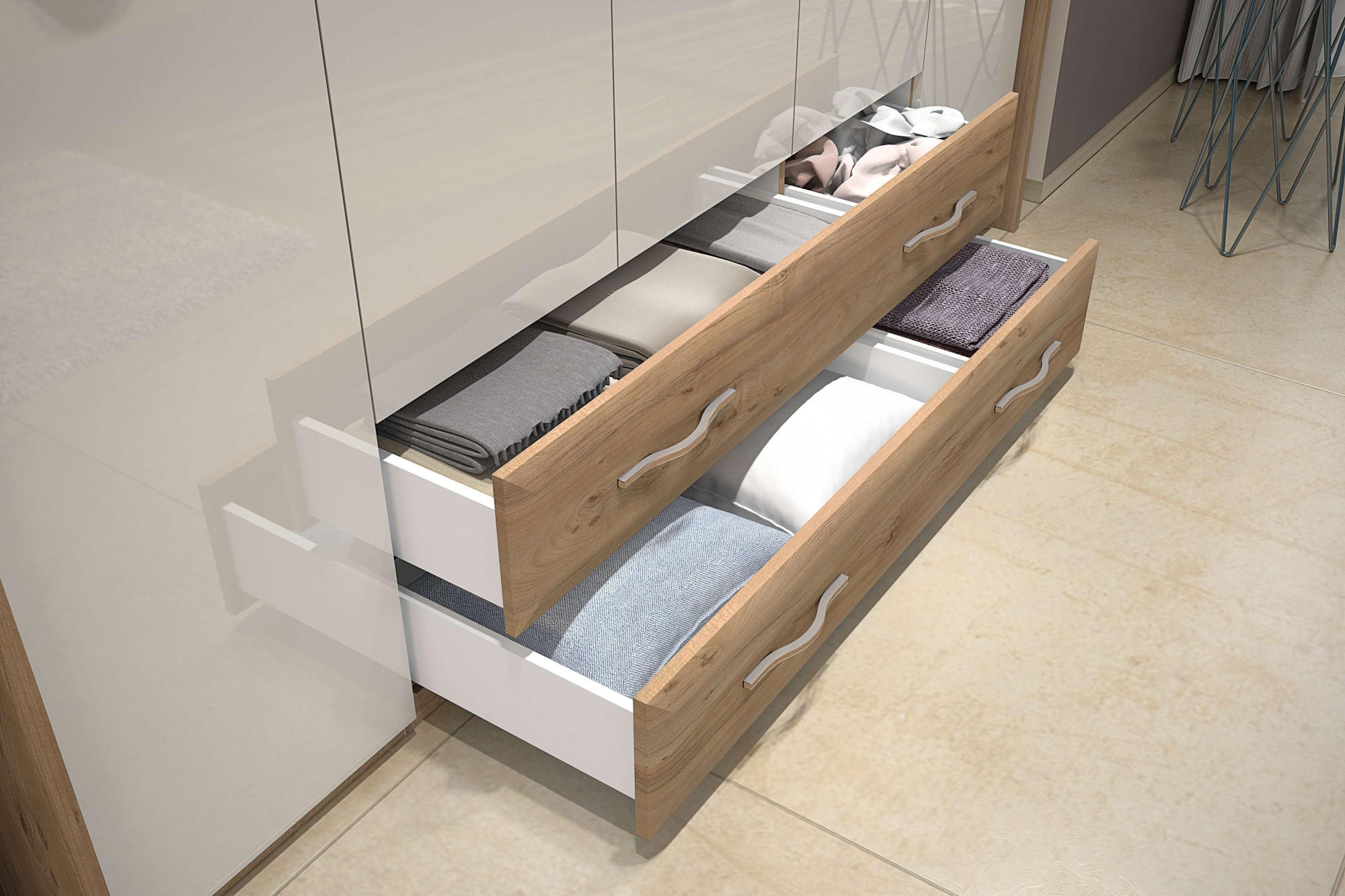 Home affaire Kleiderschrank »Gala, beige hochglänzend UV lackiert, kratzfest, FSC-zertifiziert«, (abgerundete Schubladen aus MDF im Holzdekor, soft-close), mit Beleuchtung und Passpartourahmen, hoher Schrank (224cm), 3 Breiten