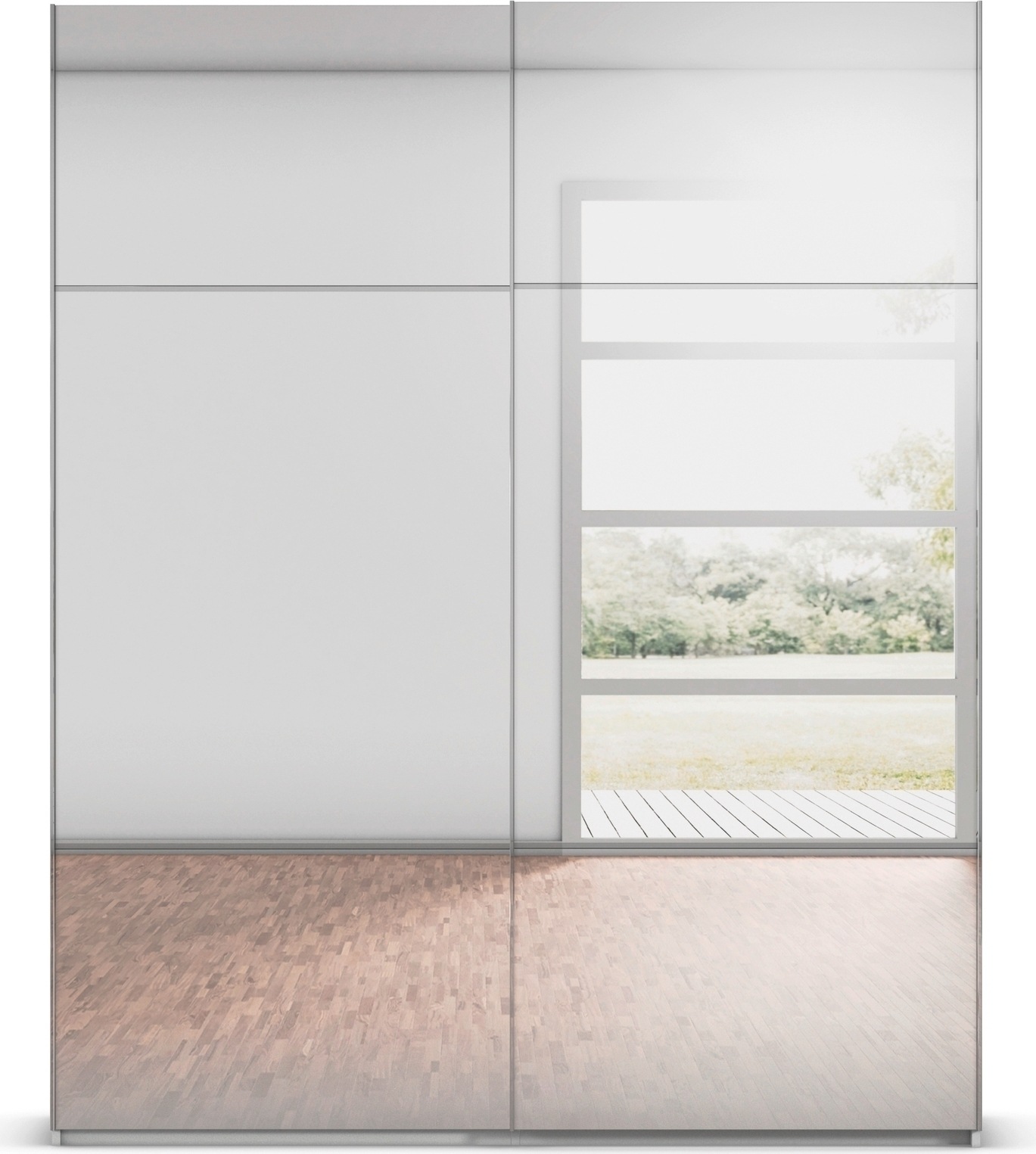 rauch Schwebetürenschrank »Kleiderschrank Schrank Garderobe Schlafzimmerschrank SCALE-TRIO«, edle dreigeteilte Front mit 2 Zierleisten Spiegelfront MADE IN GERMANY